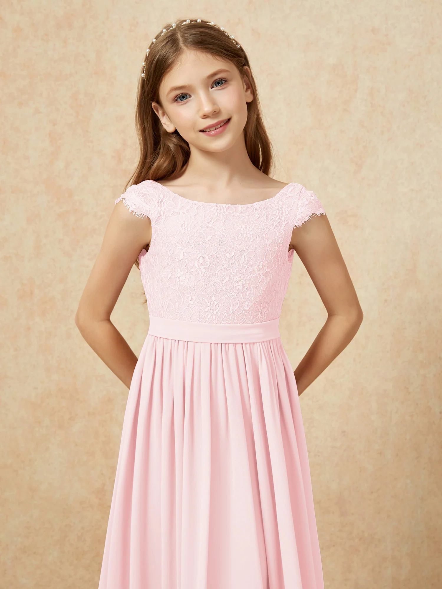 Cap Sleeve Lace Chiffon Junior Bridesmaid Dresses Blushing Pink - Image 6