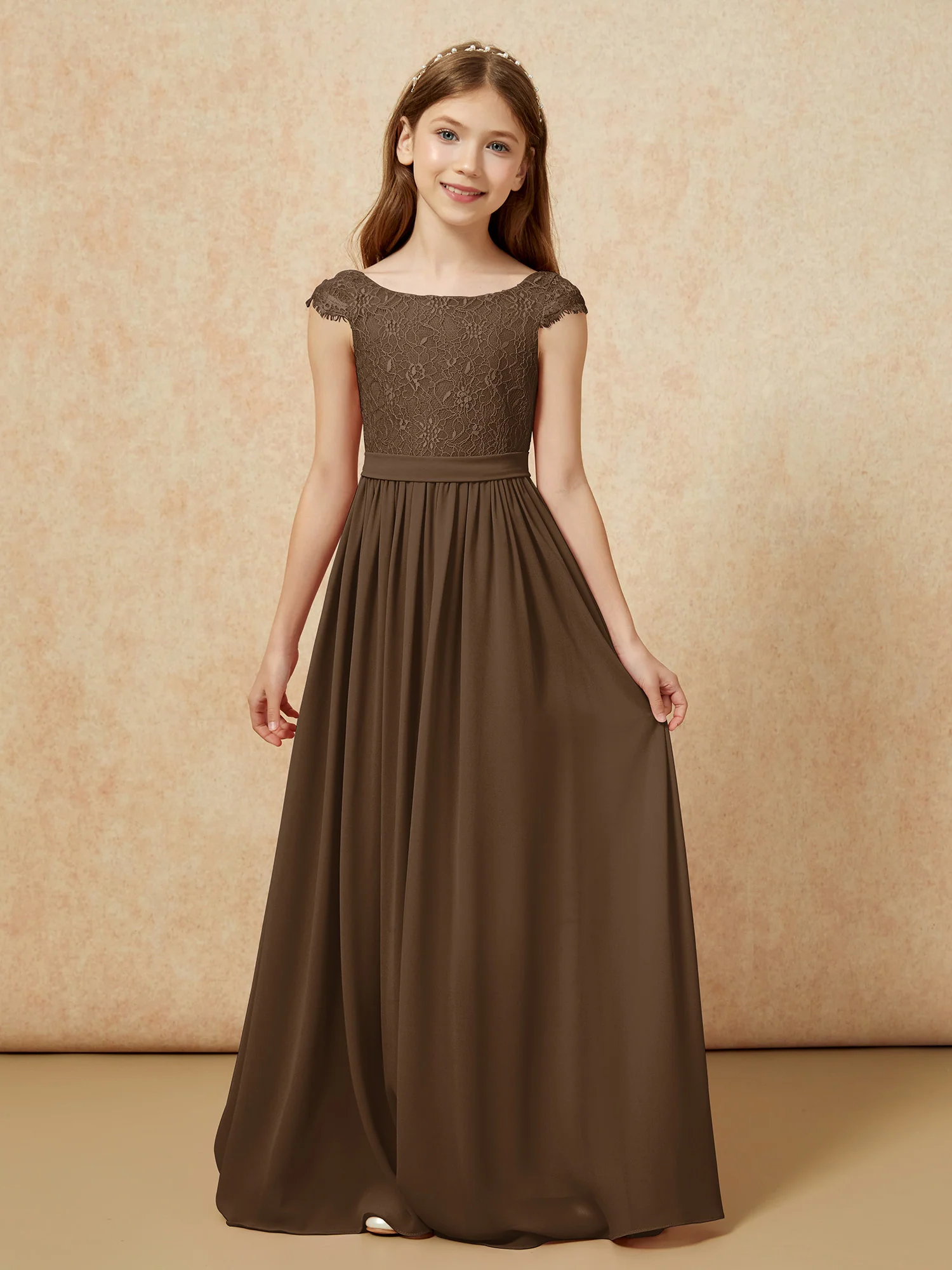 Cap Sleeve Lace Chiffon Junior Bridesmaid Dresses Brown