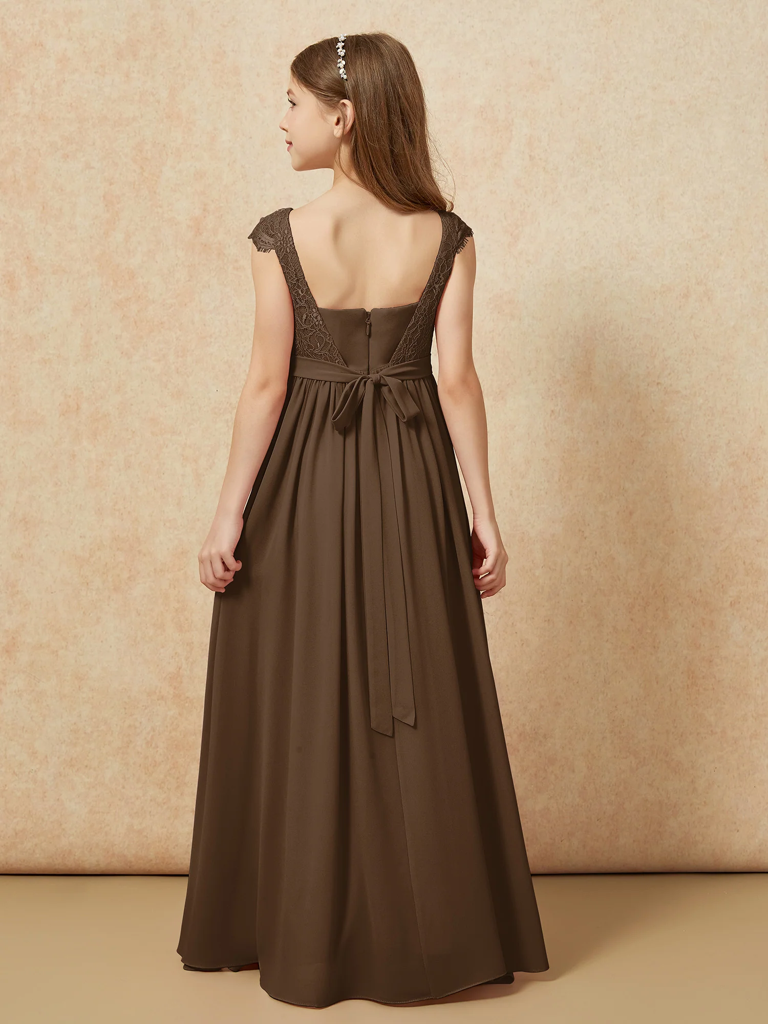 Cap Sleeve Lace Chiffon Junior Bridesmaid Dresses Brown - Image 2