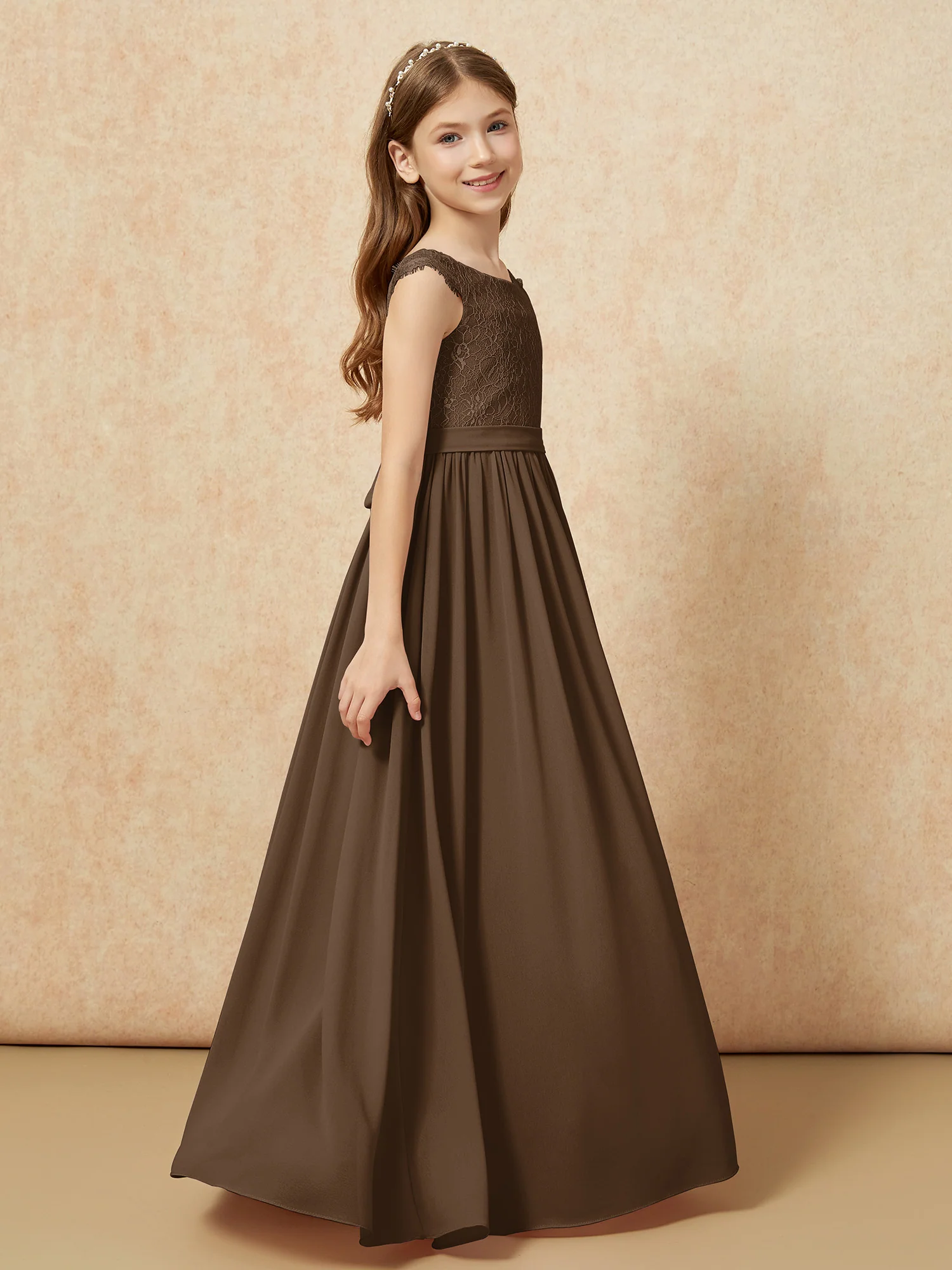 Cap Sleeve Lace Chiffon Junior Bridesmaid Dresses Brown - Image 3