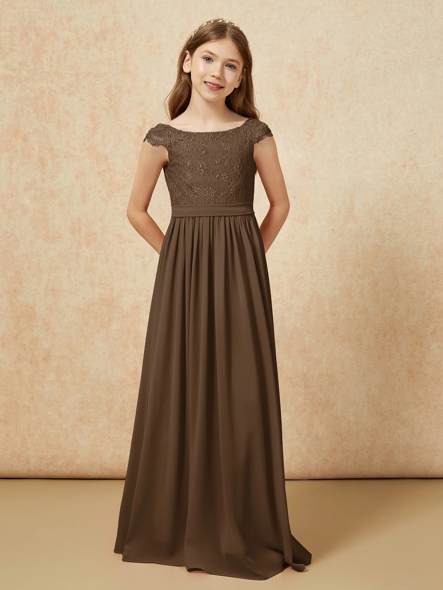 Cap Sleeve Lace Chiffon Junior Bridesmaid Dresses Brown - Image 4