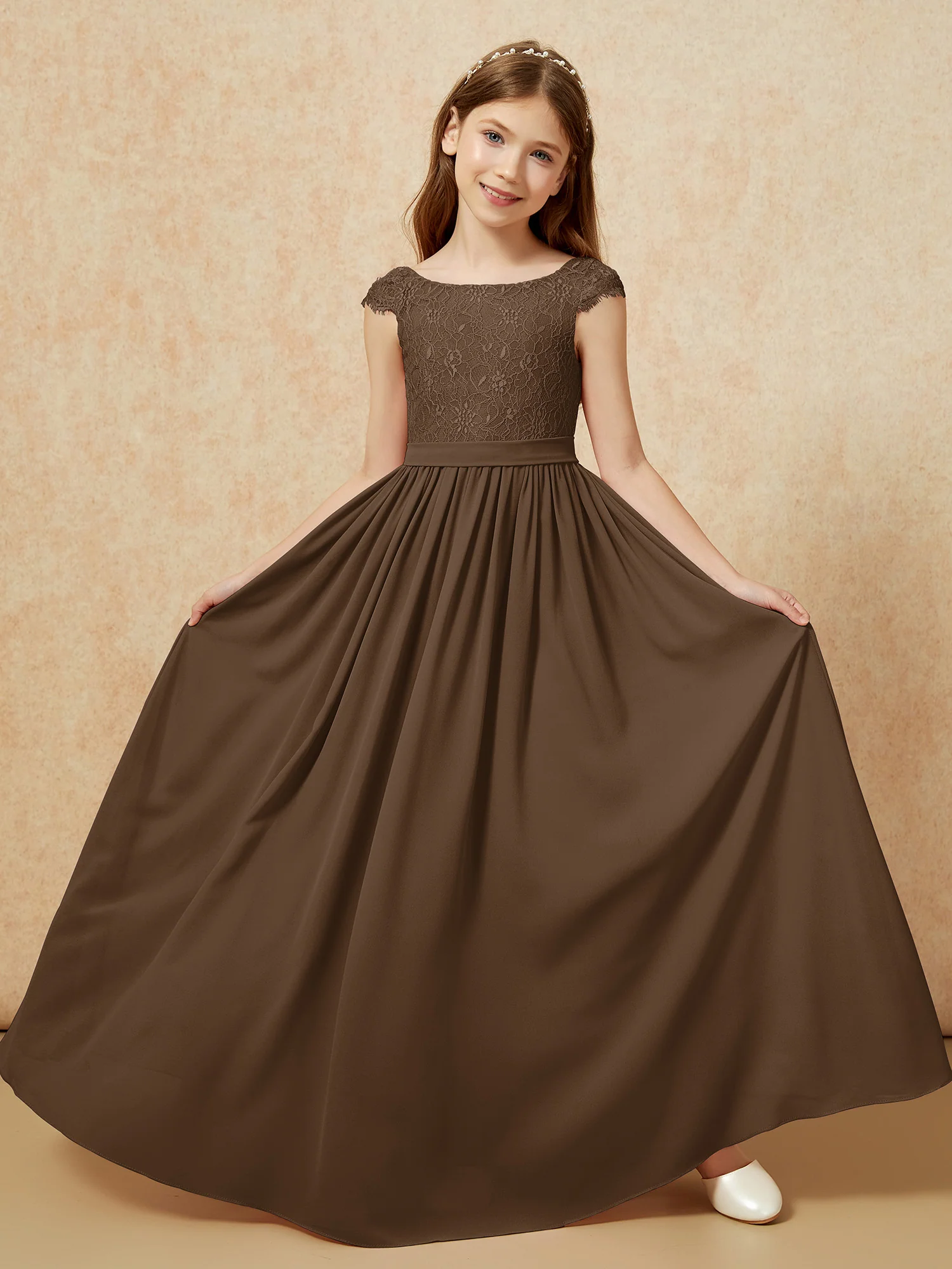 Cap Sleeve Lace Chiffon Junior Bridesmaid Dresses Brown - Image 5