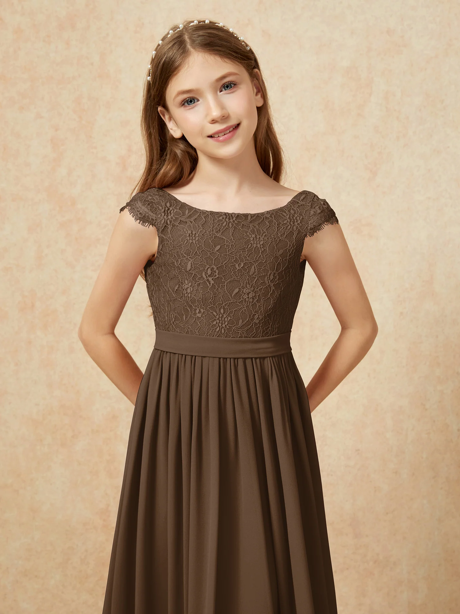 Cap Sleeve Lace Chiffon Junior Bridesmaid Dresses Brown - Image 6