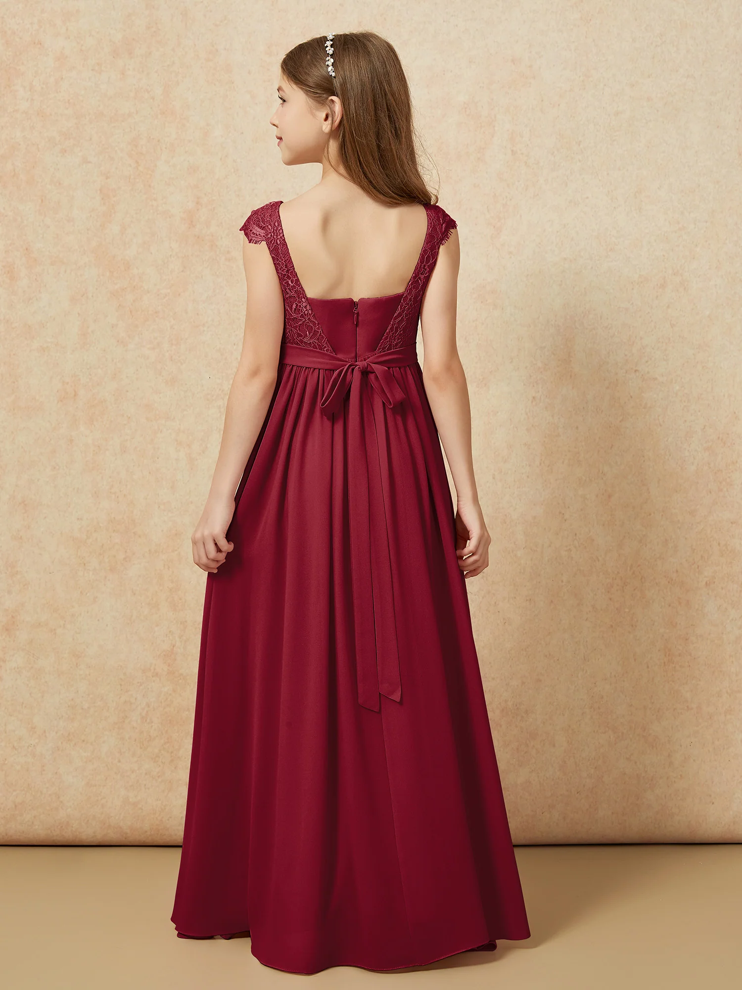 Cap Sleeve Lace Chiffon Junior Bridesmaid Dresses Burgundy - Image 2
