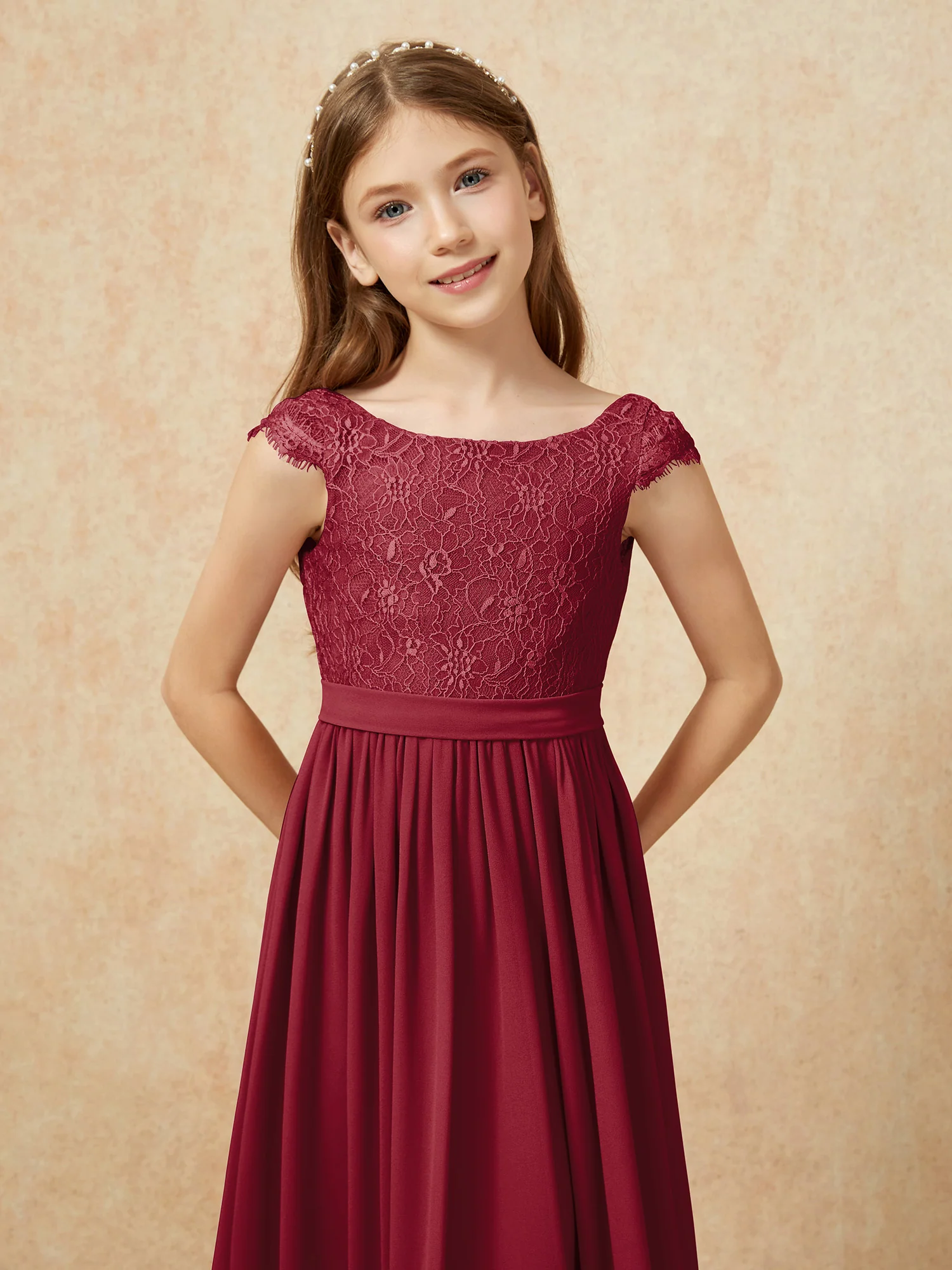 Cap Sleeve Lace Chiffon Junior Bridesmaid Dresses Burgundy - Image 6