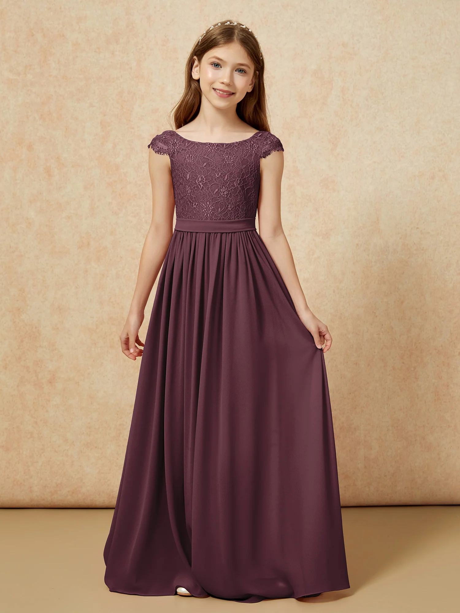 Cap Sleeve Lace Chiffon Junior Bridesmaid Dresses Cabernet