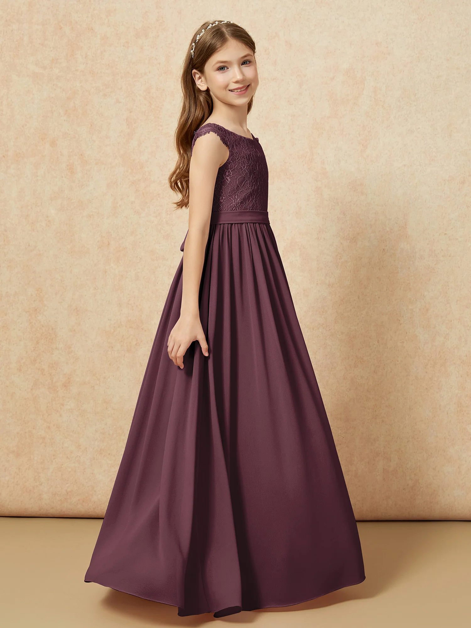 Cap Sleeve Lace Chiffon Junior Bridesmaid Dresses Cabernet - Image 3