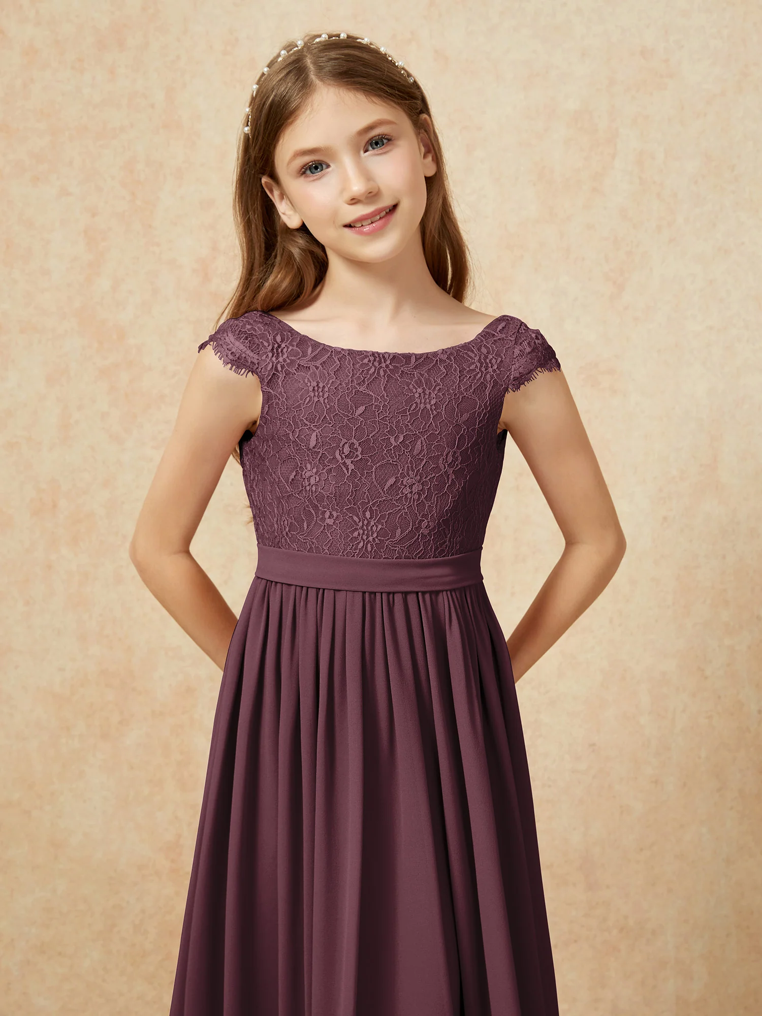 Cap Sleeve Lace Chiffon Junior Bridesmaid Dresses Cabernet - Image 6
