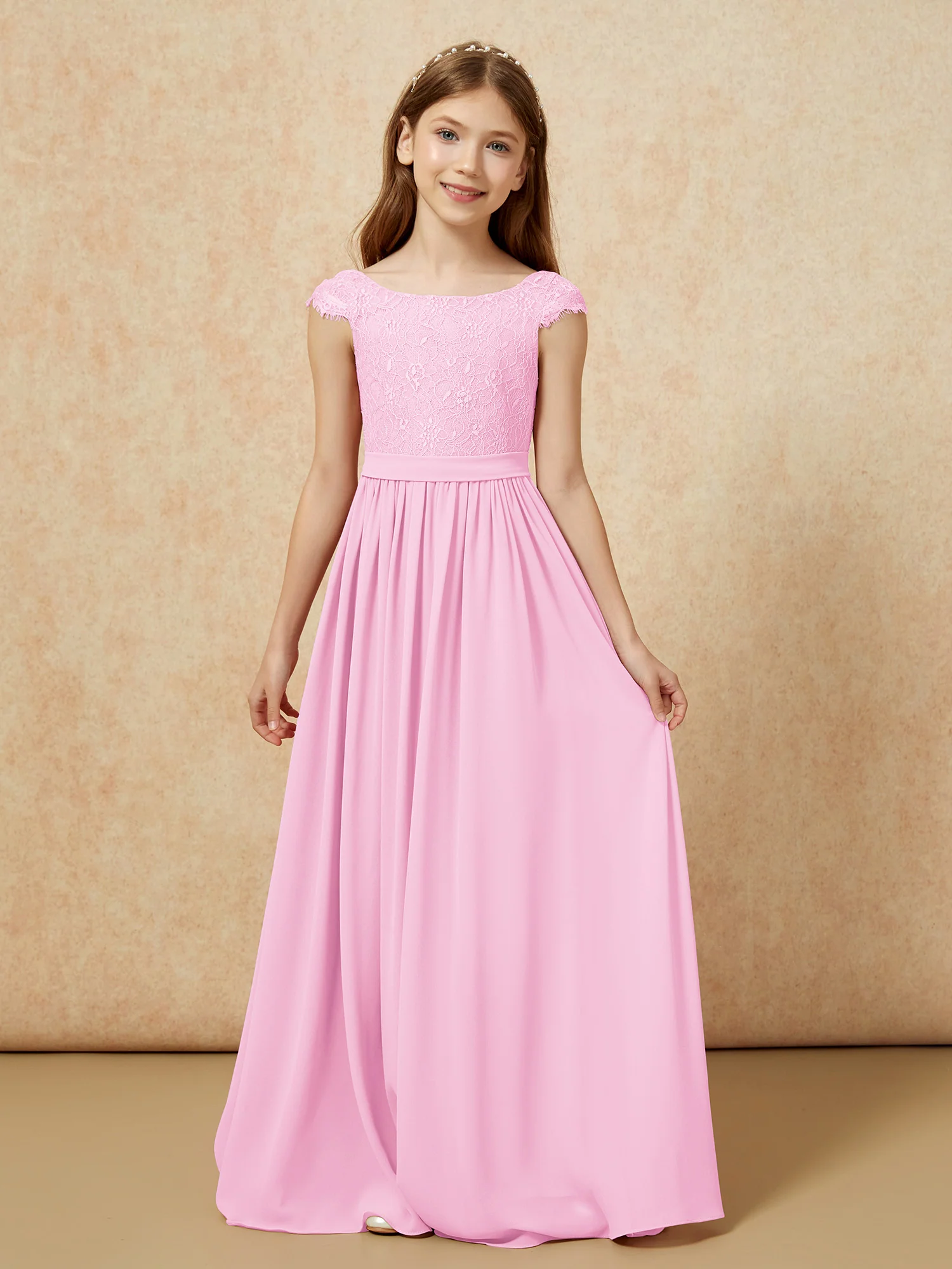 Cap Sleeve Lace Chiffon Junior Bridesmaid Dresses Candy Pink
