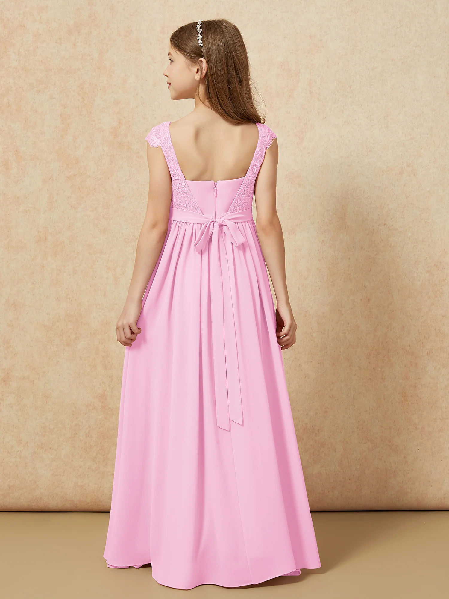 Cap Sleeve Lace Chiffon Junior Bridesmaid Dresses Candy Pink - Image 2
