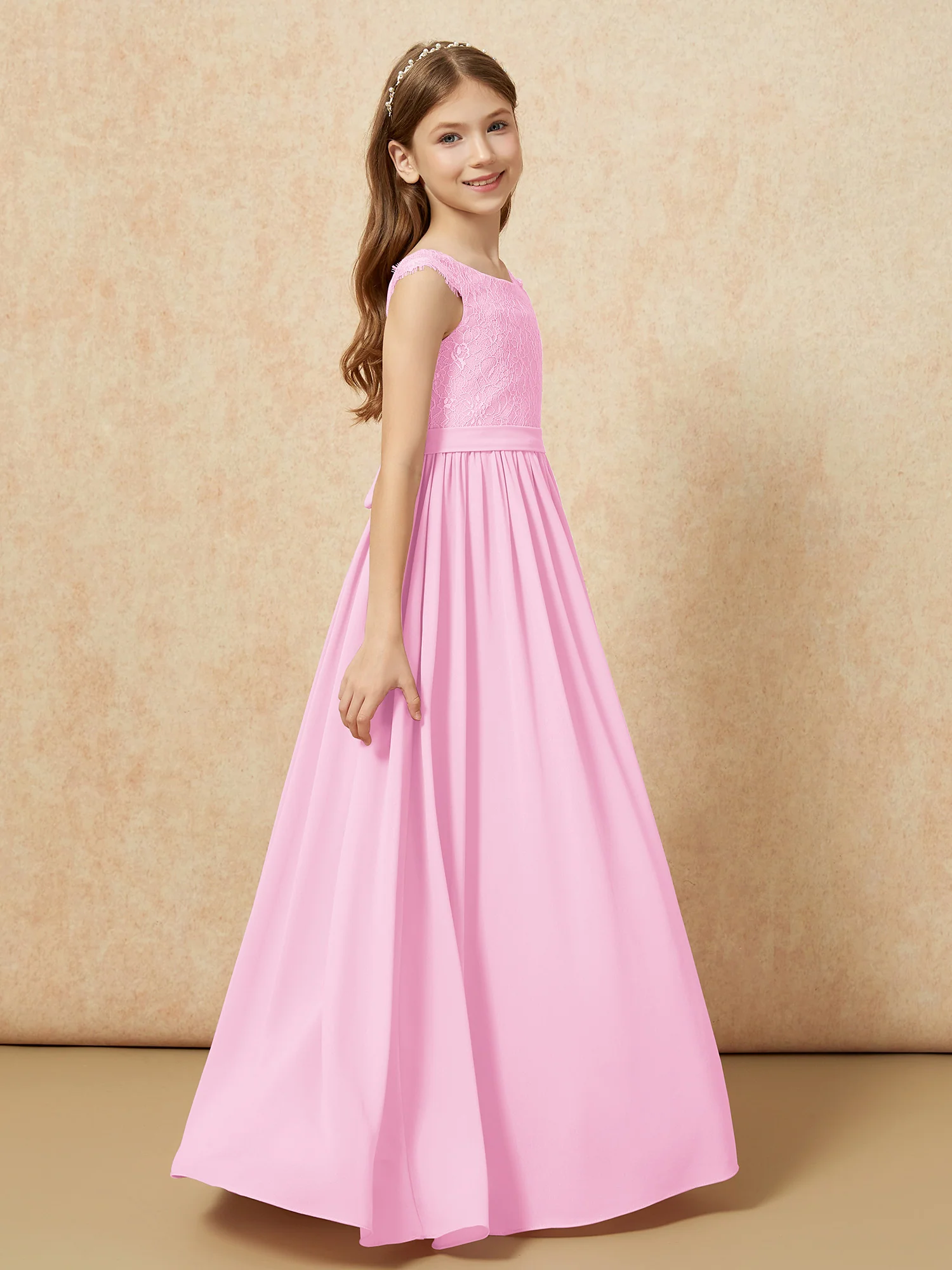 Cap Sleeve Lace Chiffon Junior Bridesmaid Dresses Candy Pink - Image 3
