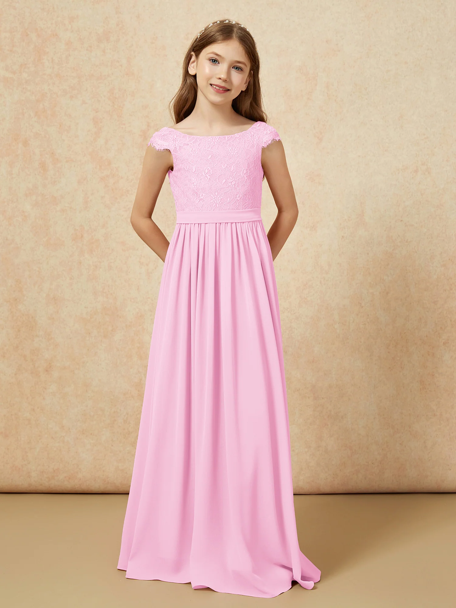 Cap Sleeve Lace Chiffon Junior Bridesmaid Dresses Candy Pink - Image 4