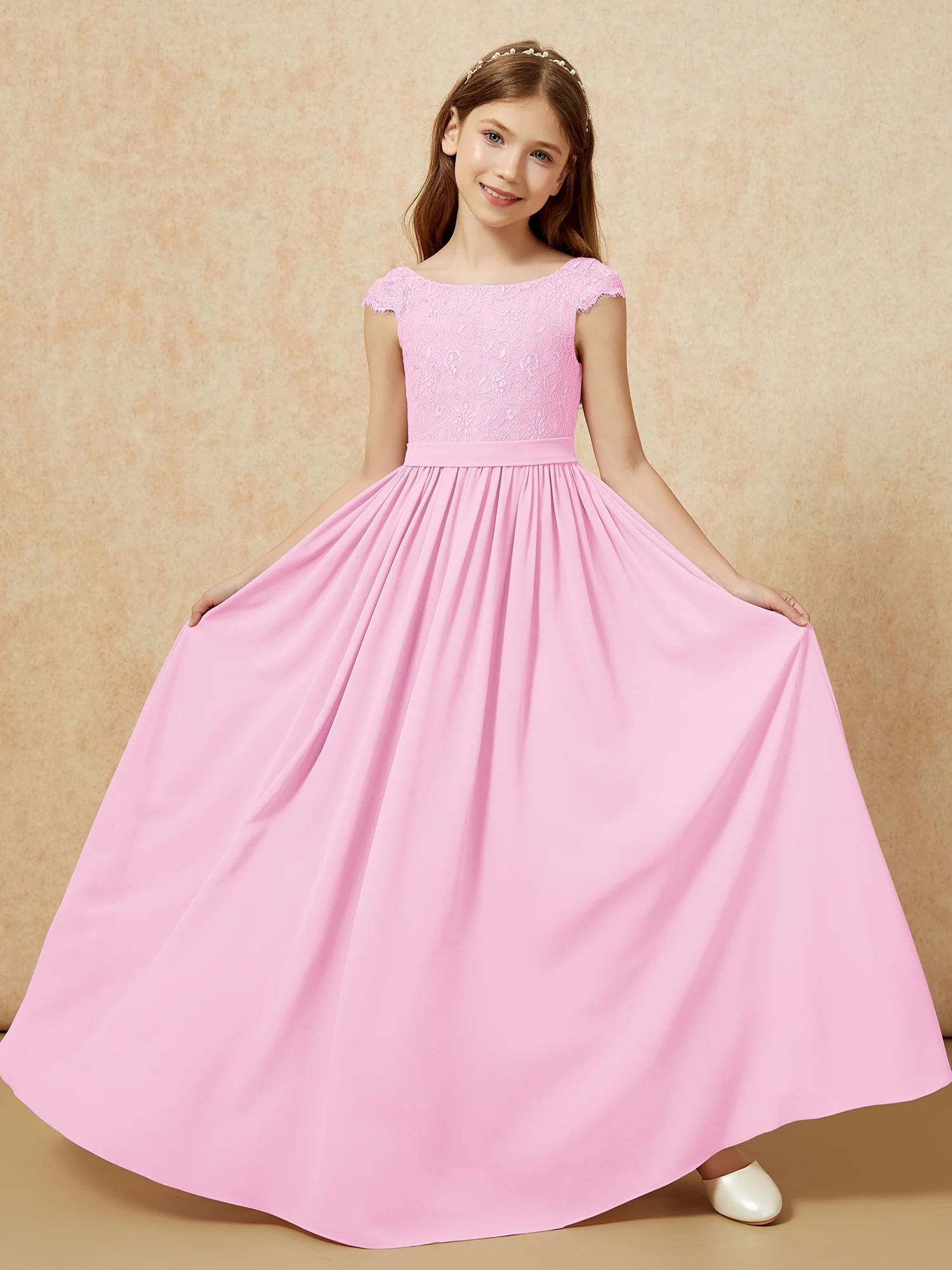 Cap Sleeve Lace Chiffon Junior Bridesmaid Dresses Candy Pink - Image 5