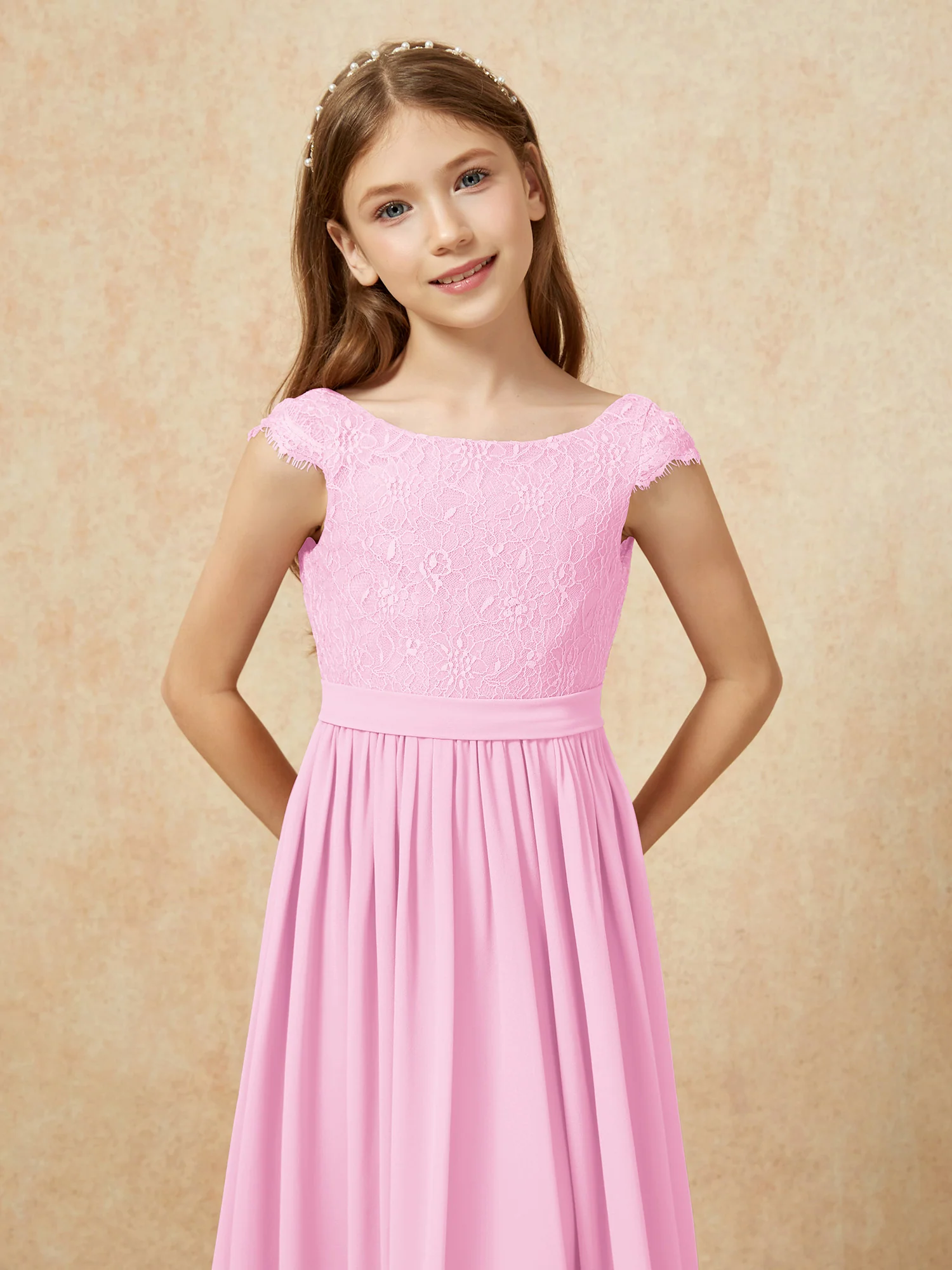 Cap Sleeve Lace Chiffon Junior Bridesmaid Dresses Candy Pink - Image 6