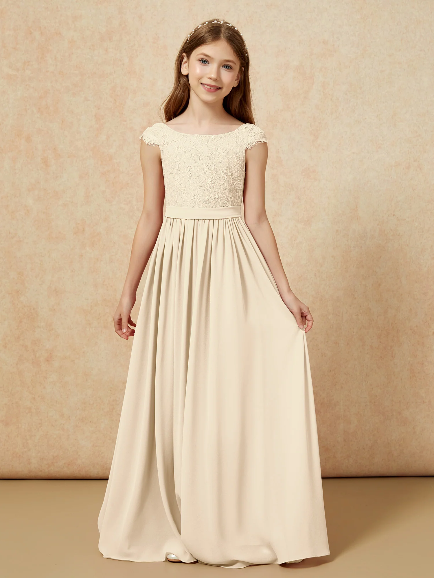 Cap Sleeve Lace Chiffon Junior Bridesmaid Dresses Champagne