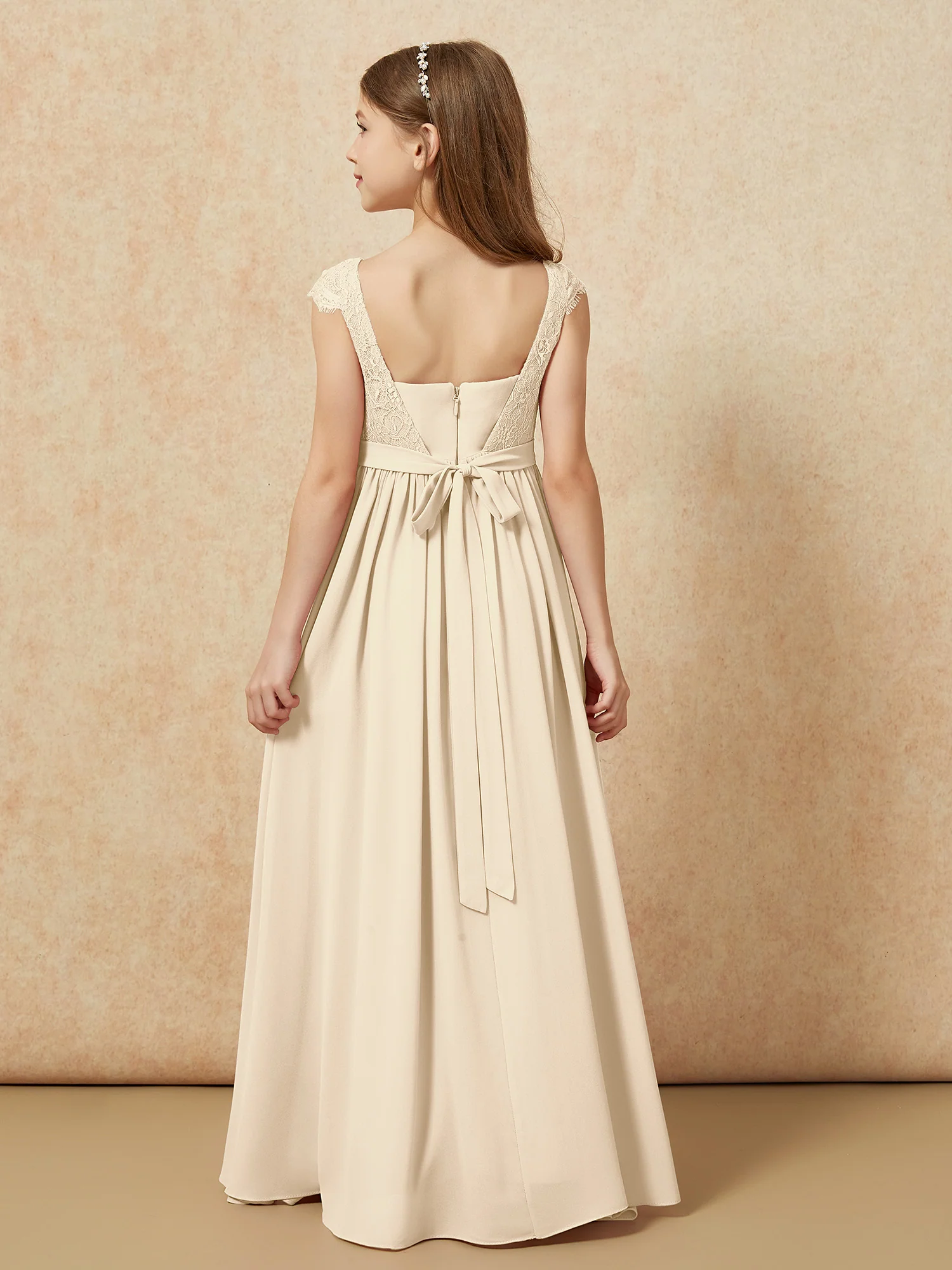 Cap Sleeve Lace Chiffon Junior Bridesmaid Dresses Champagne - Image 2