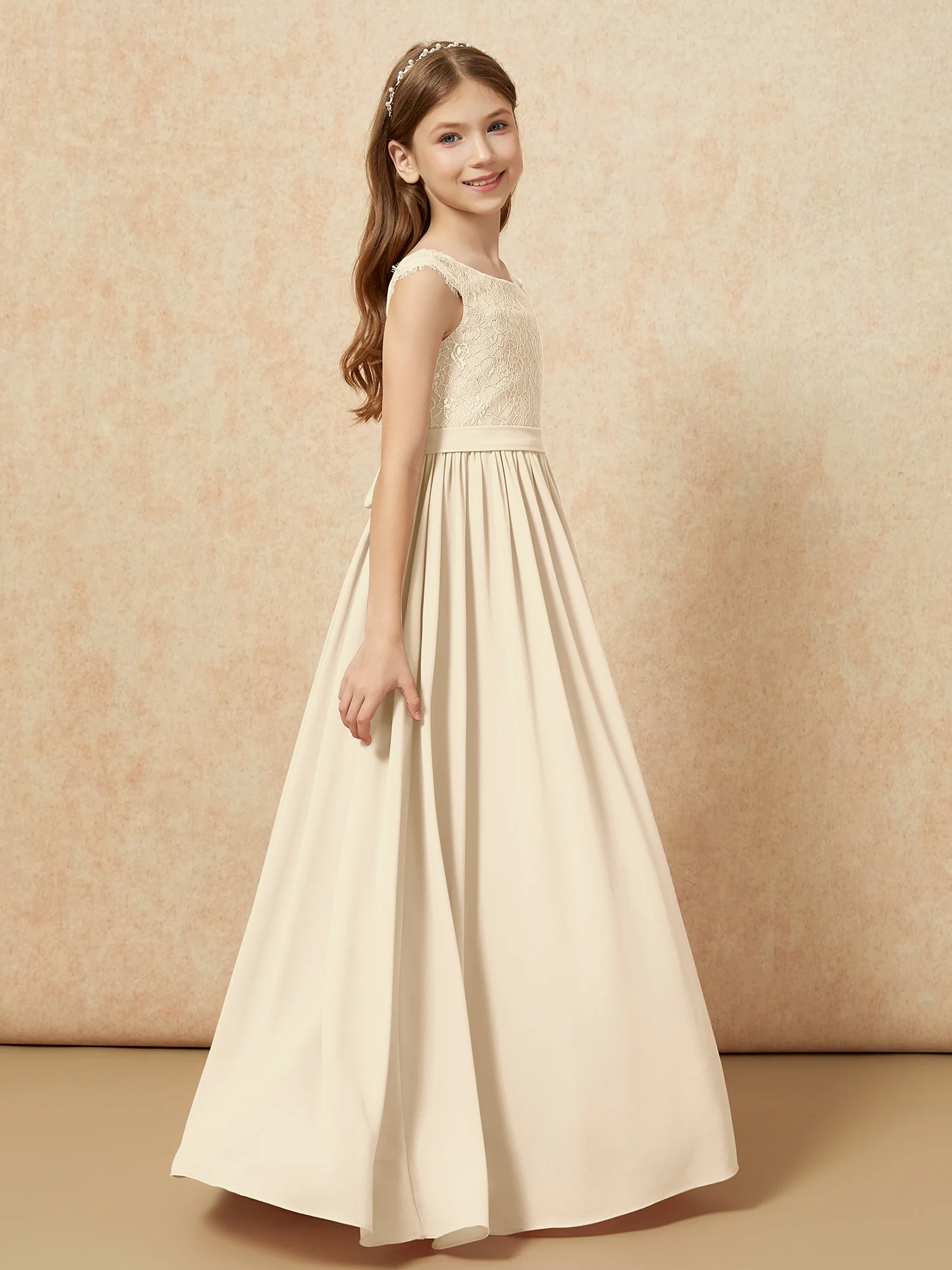 Cap Sleeve Lace Chiffon Junior Bridesmaid Dresses Champagne - Image 3
