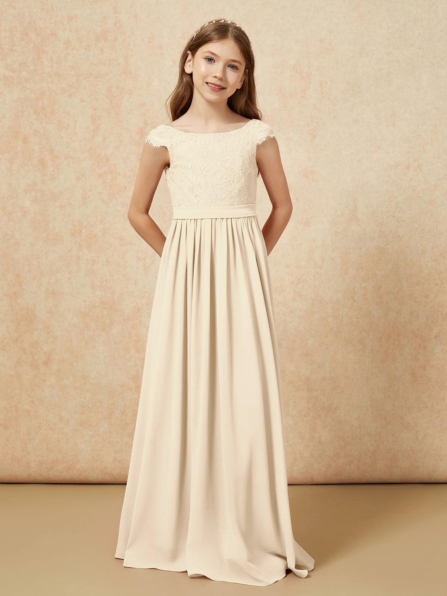 Cap Sleeve Lace Chiffon Junior Bridesmaid Dresses Champagne - Image 4