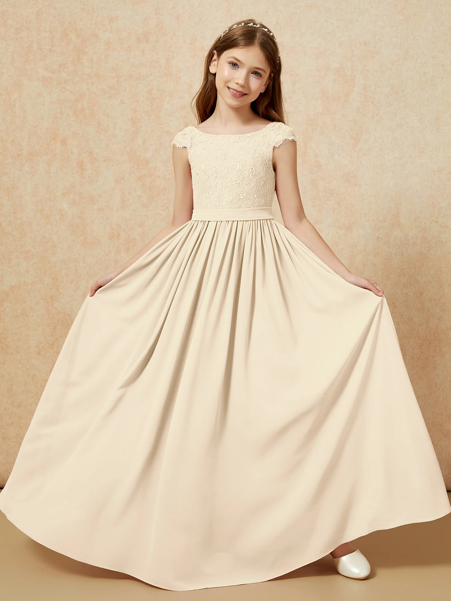 Cap Sleeve Lace Chiffon Junior Bridesmaid Dresses Champagne - Image 5