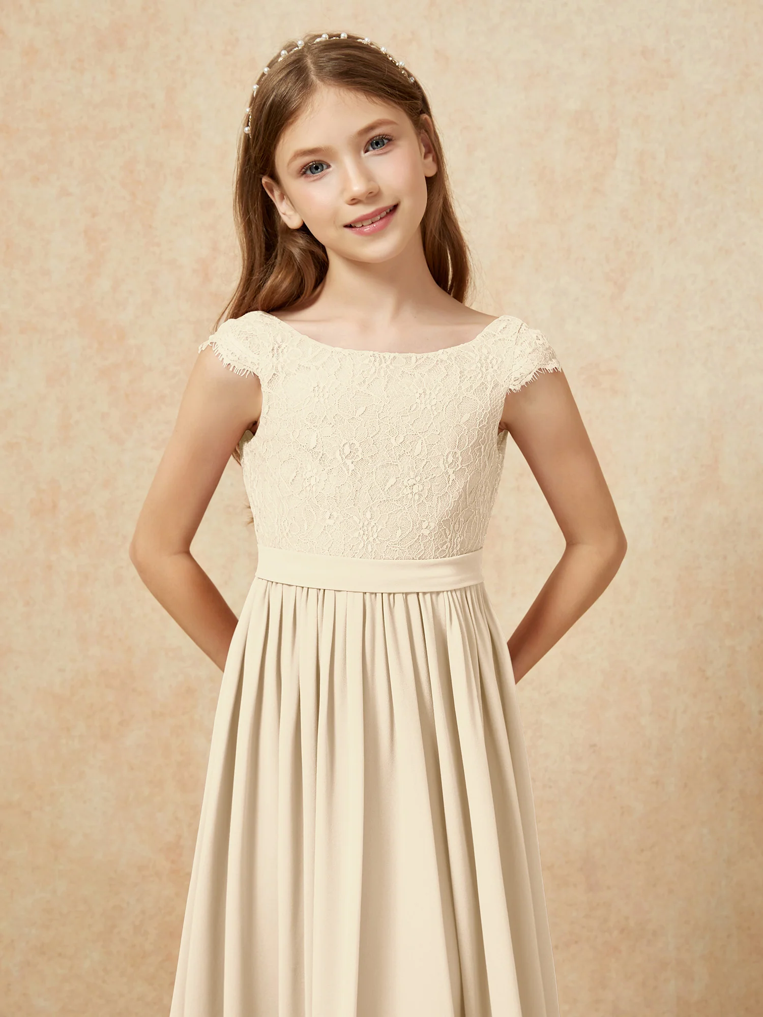Cap Sleeve Lace Chiffon Junior Bridesmaid Dresses Champagne - Image 6