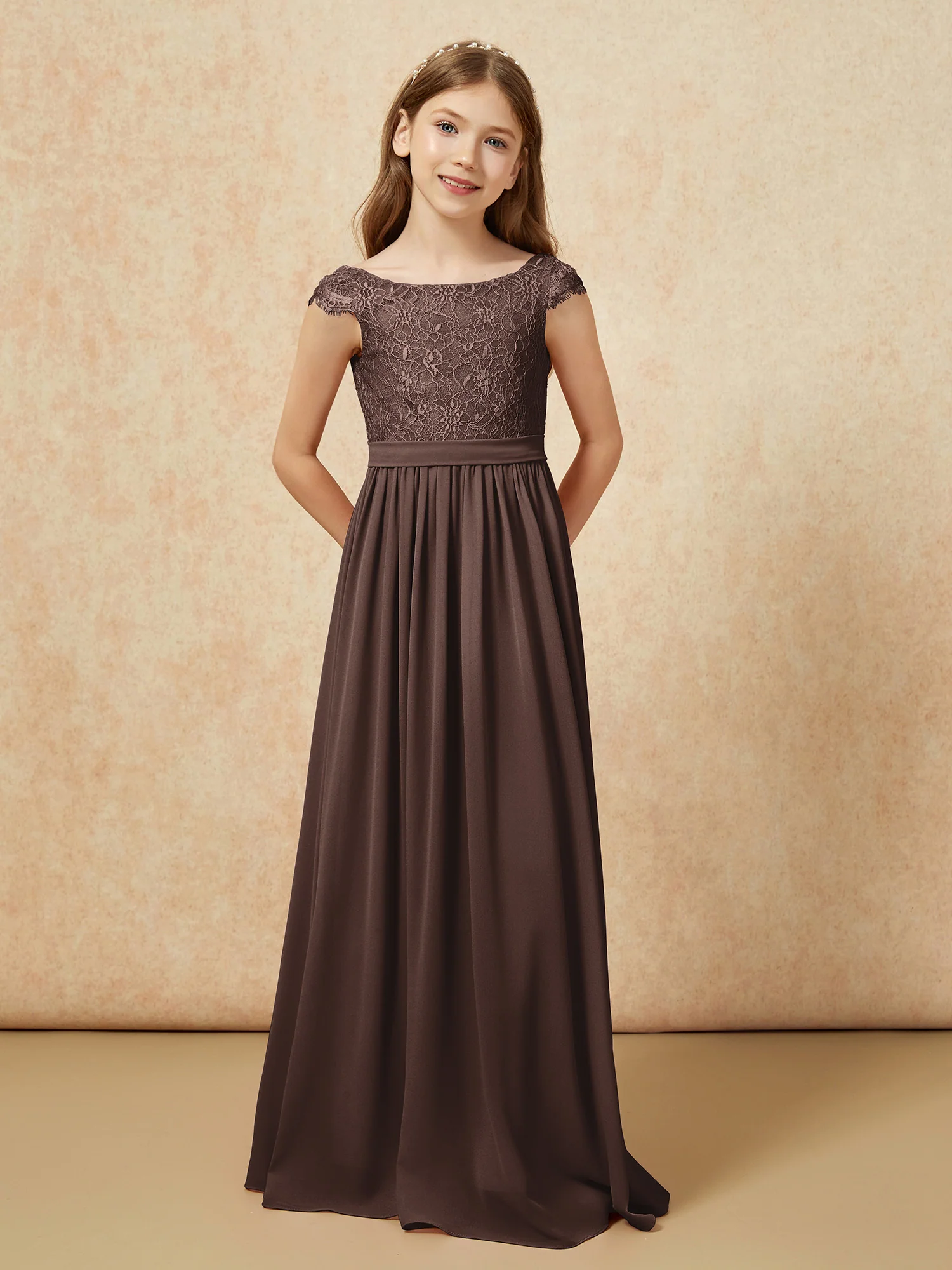Cap Sleeve Lace Chiffon Junior Bridesmaid Dresses Chocolate - Image 4