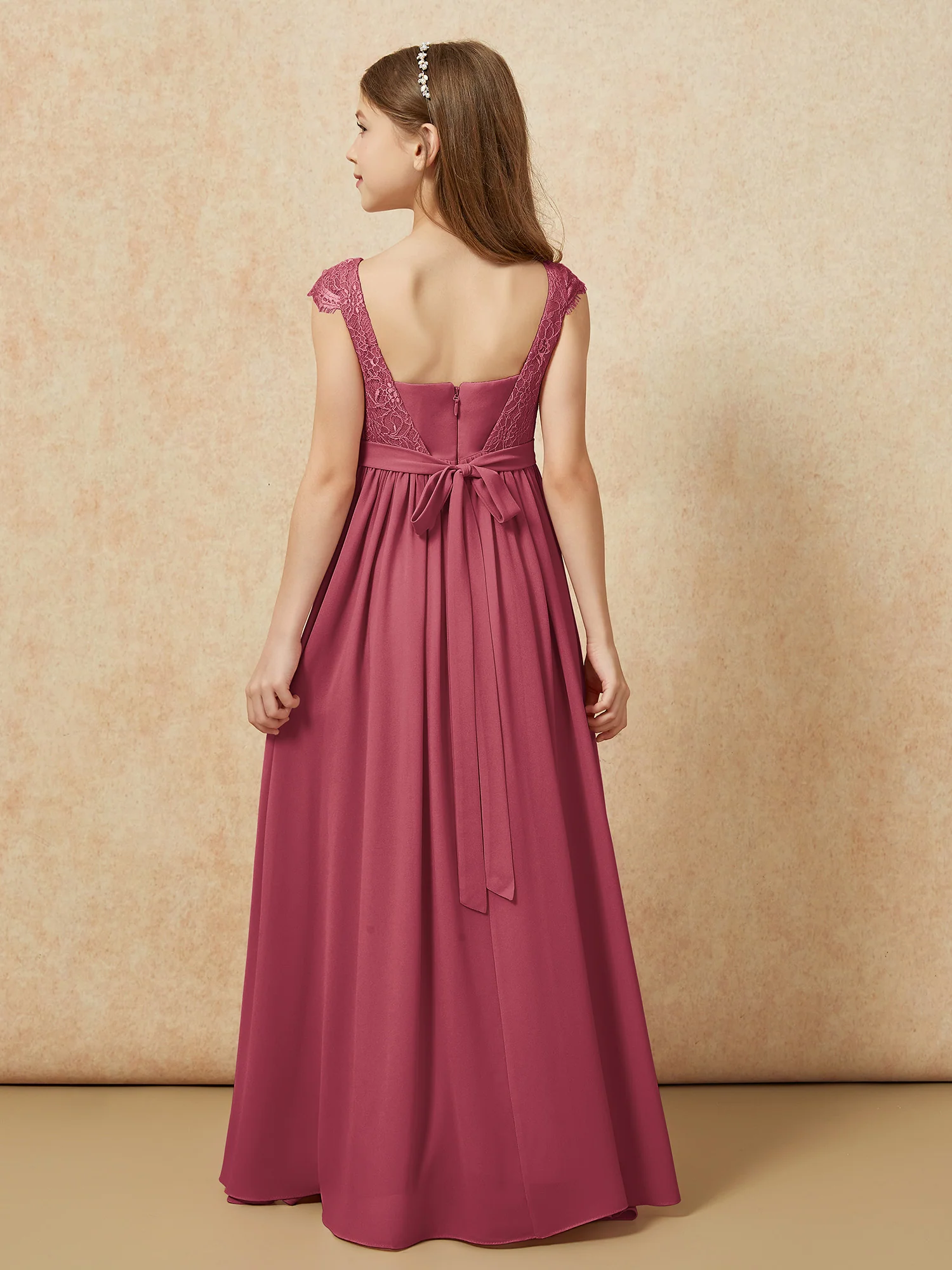 Cap Sleeve Lace Chiffon Junior Bridesmaid Dresses Cinnamon Rose - Image 2