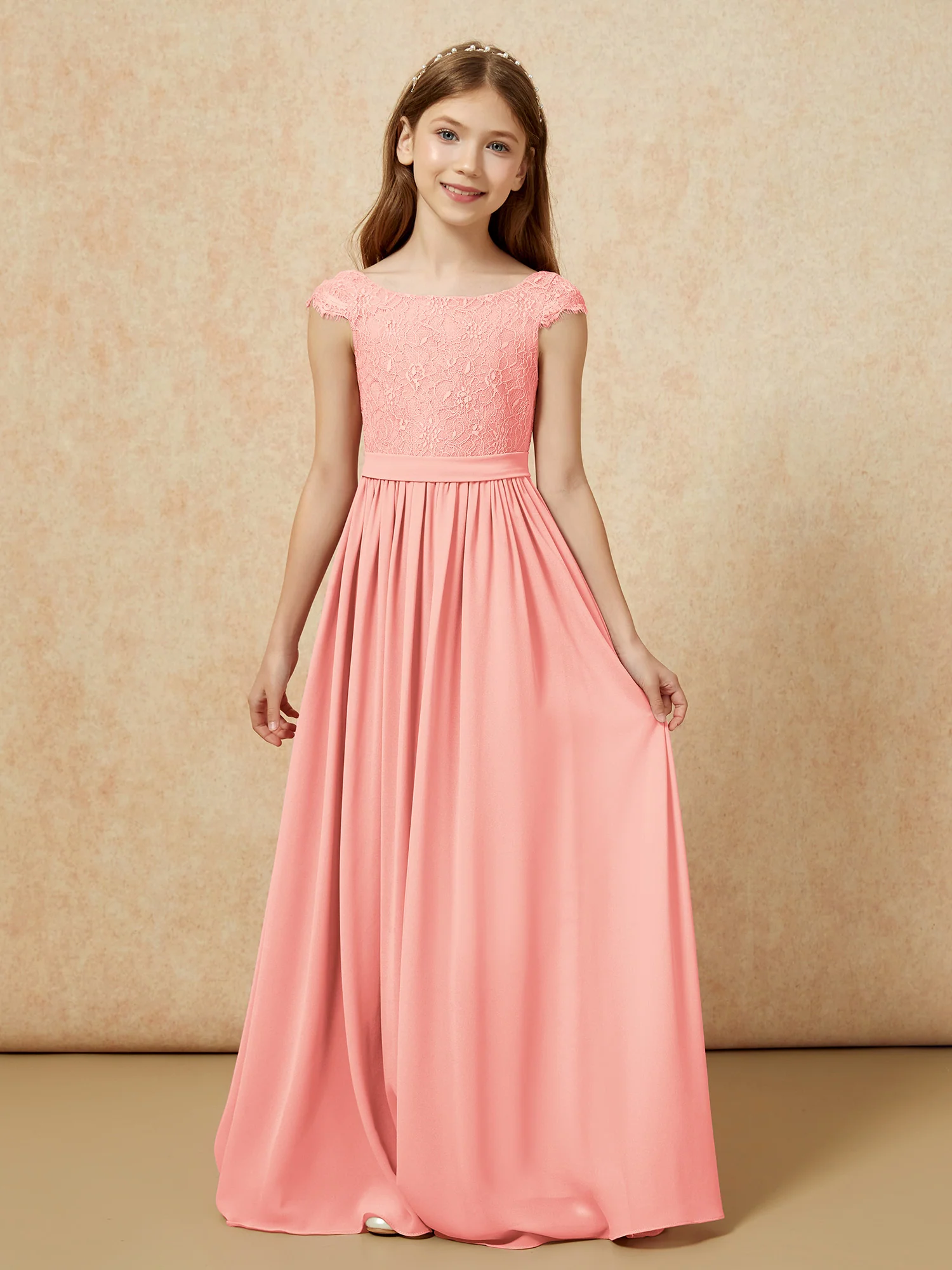 Cap Sleeve Lace Chiffon Junior Bridesmaid Dresses Coral
