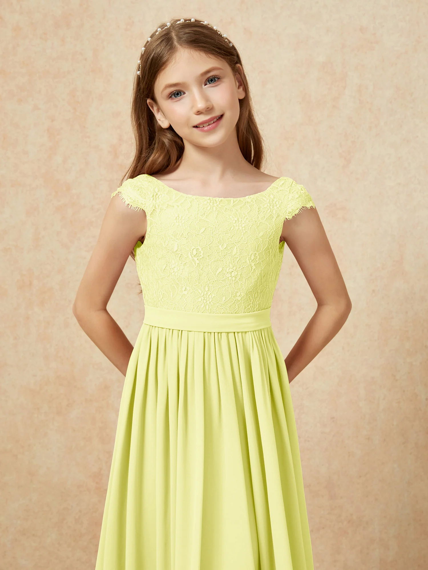 Cap Sleeve Lace Chiffon Junior Bridesmaid Dresses Daffodil - Image 6