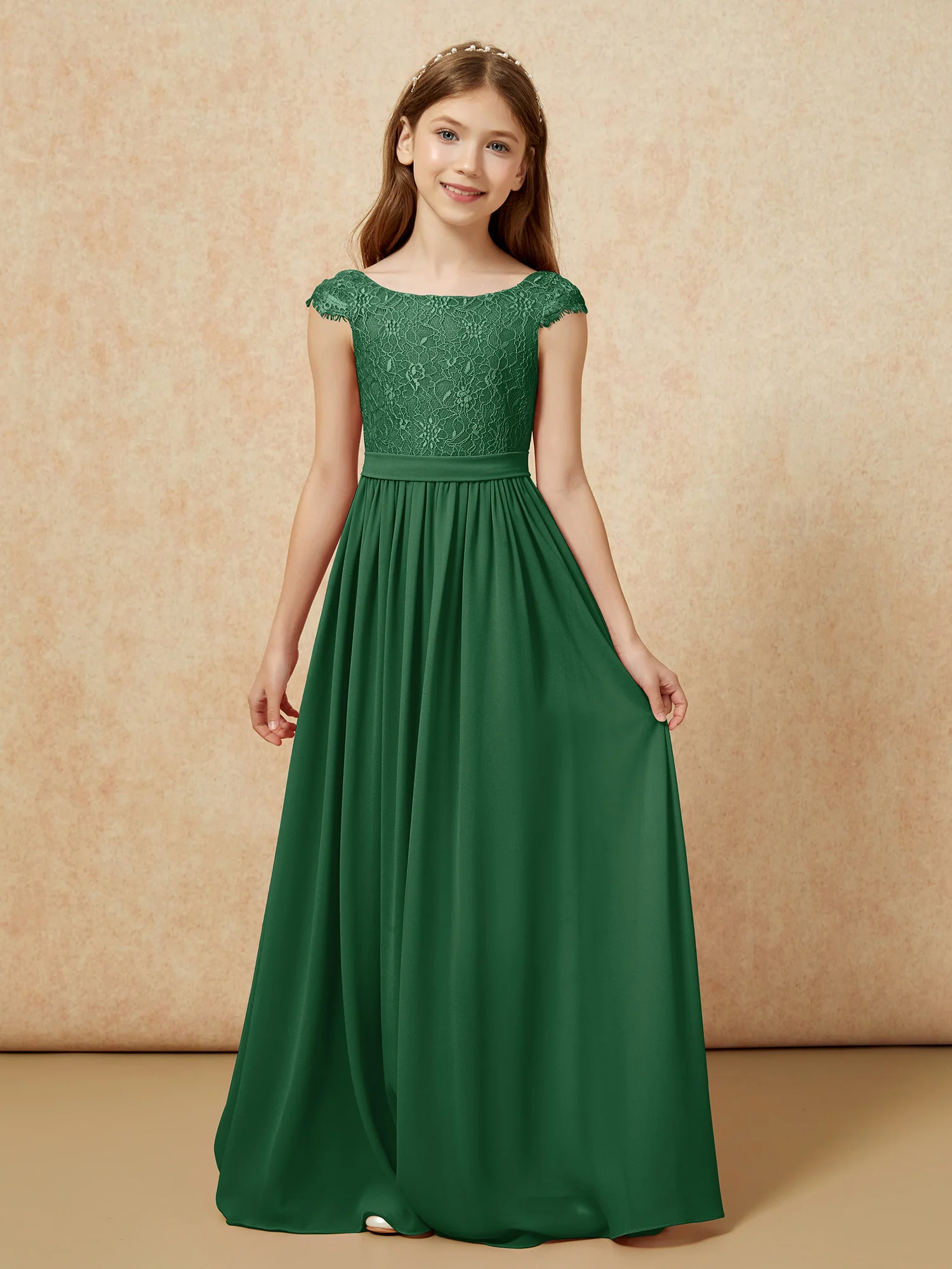 Cap Sleeve Lace Chiffon Junior Bridesmaid Dresses Dark Green