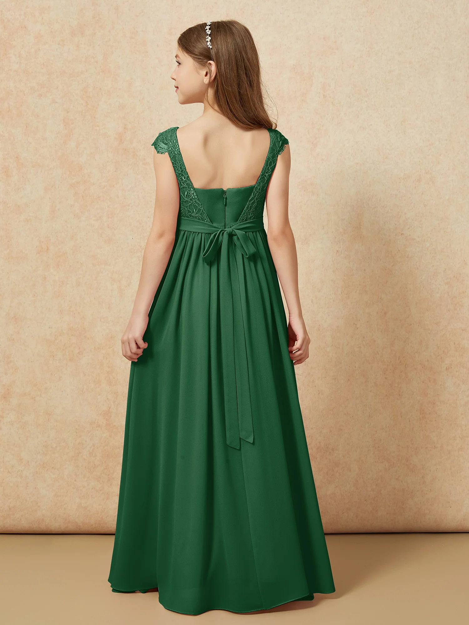 Cap Sleeve Lace Chiffon Junior Bridesmaid Dresses Dark Green - Image 2