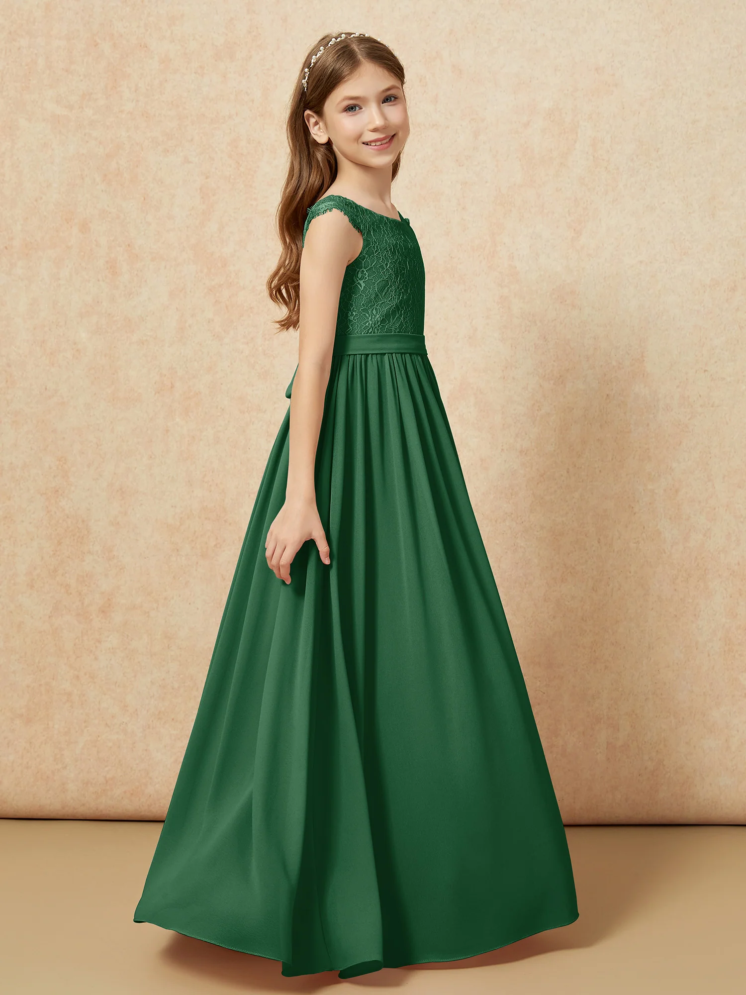 Cap Sleeve Lace Chiffon Junior Bridesmaid Dresses Dark Green - Image 3