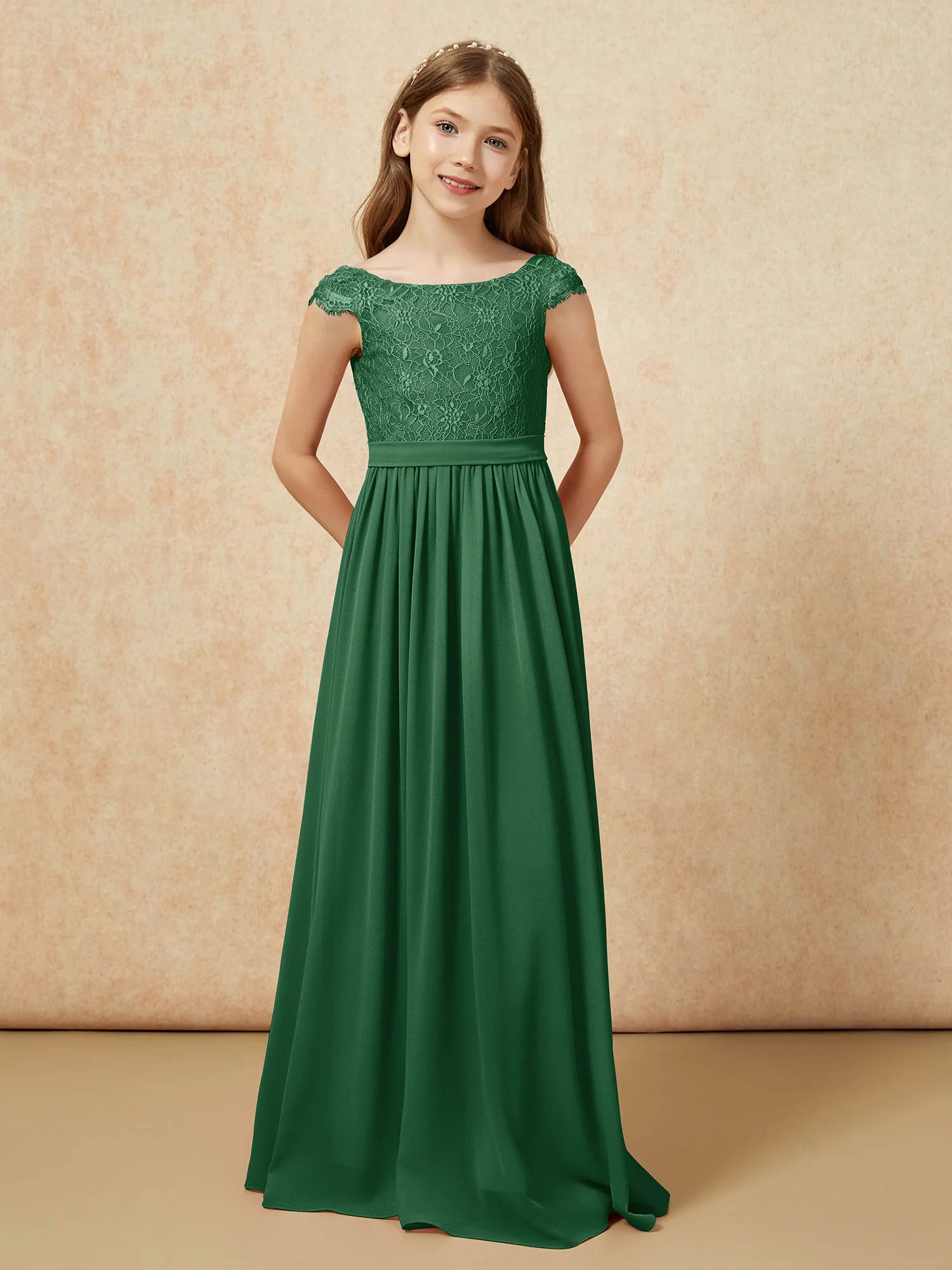 Cap Sleeve Lace Chiffon Junior Bridesmaid Dresses Dark Green - Image 4