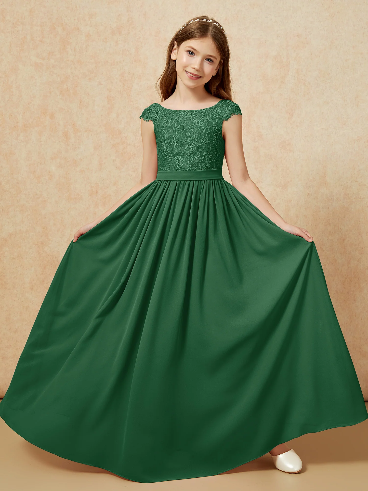 Cap Sleeve Lace Chiffon Junior Bridesmaid Dresses Dark Green - Image 5