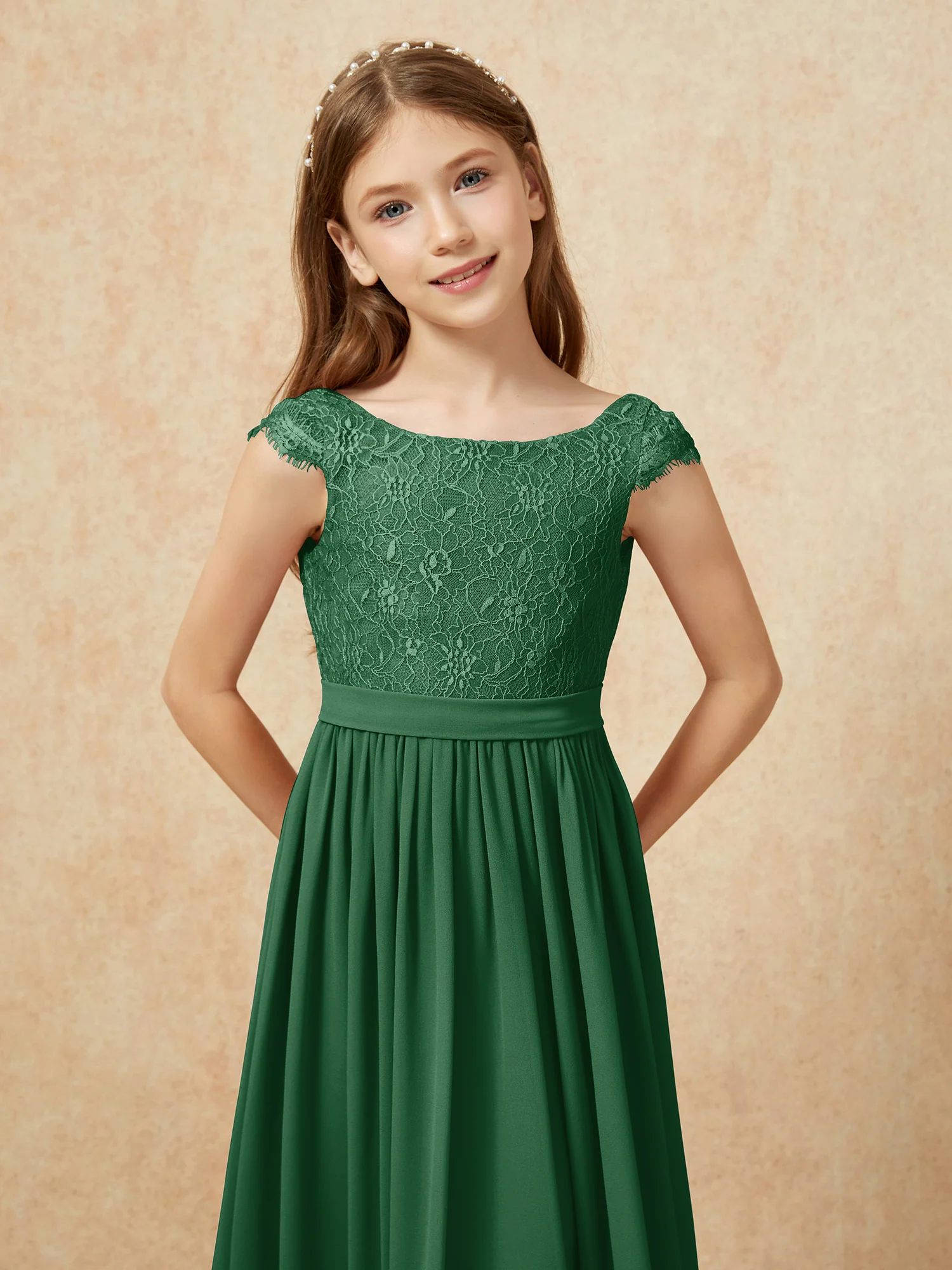 Cap Sleeve Lace Chiffon Junior Bridesmaid Dresses Dark Green - Image 6
