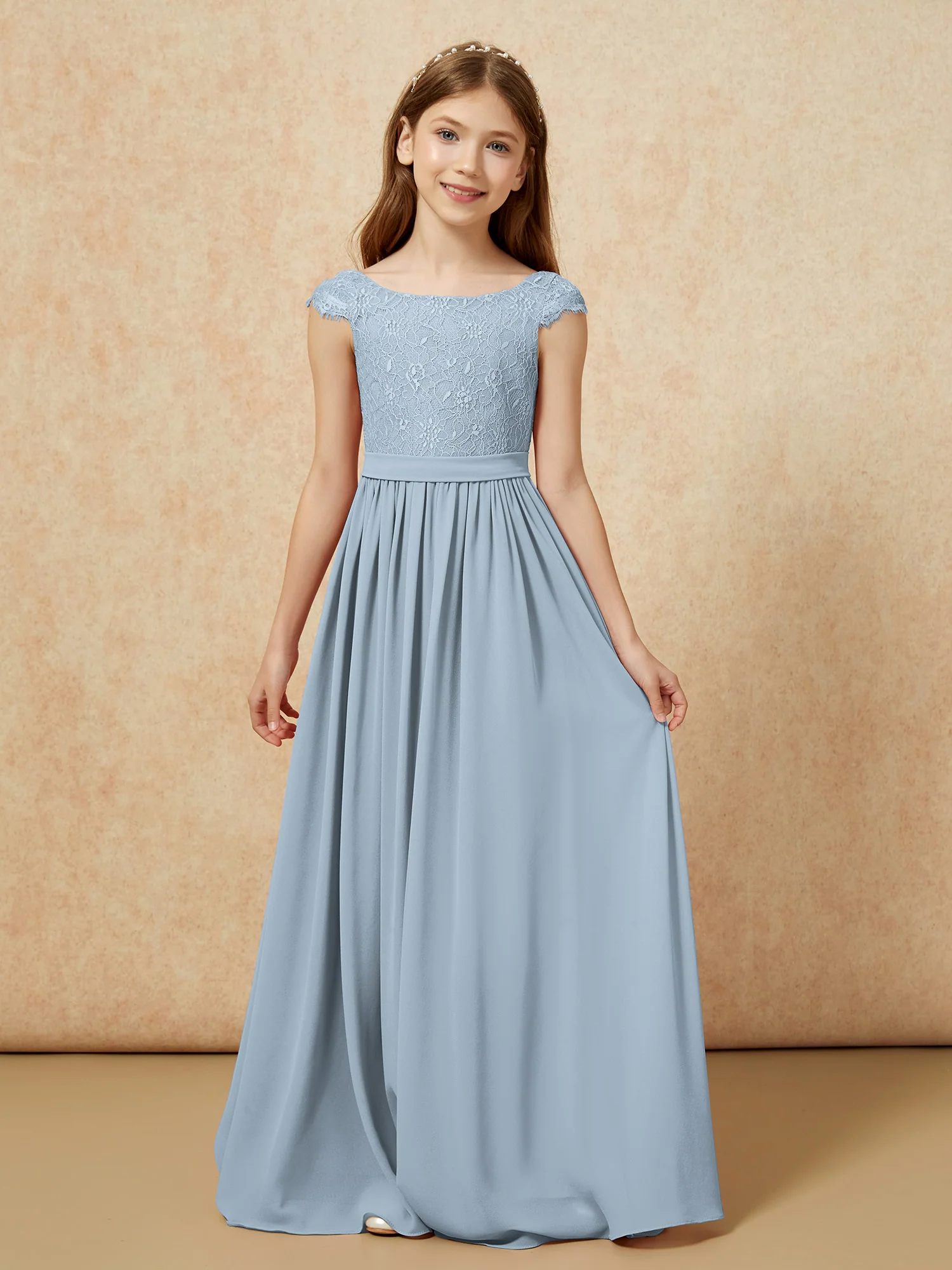 Cap Sleeve Lace Chiffon Junior Bridesmaid Dresses Dusty Blue