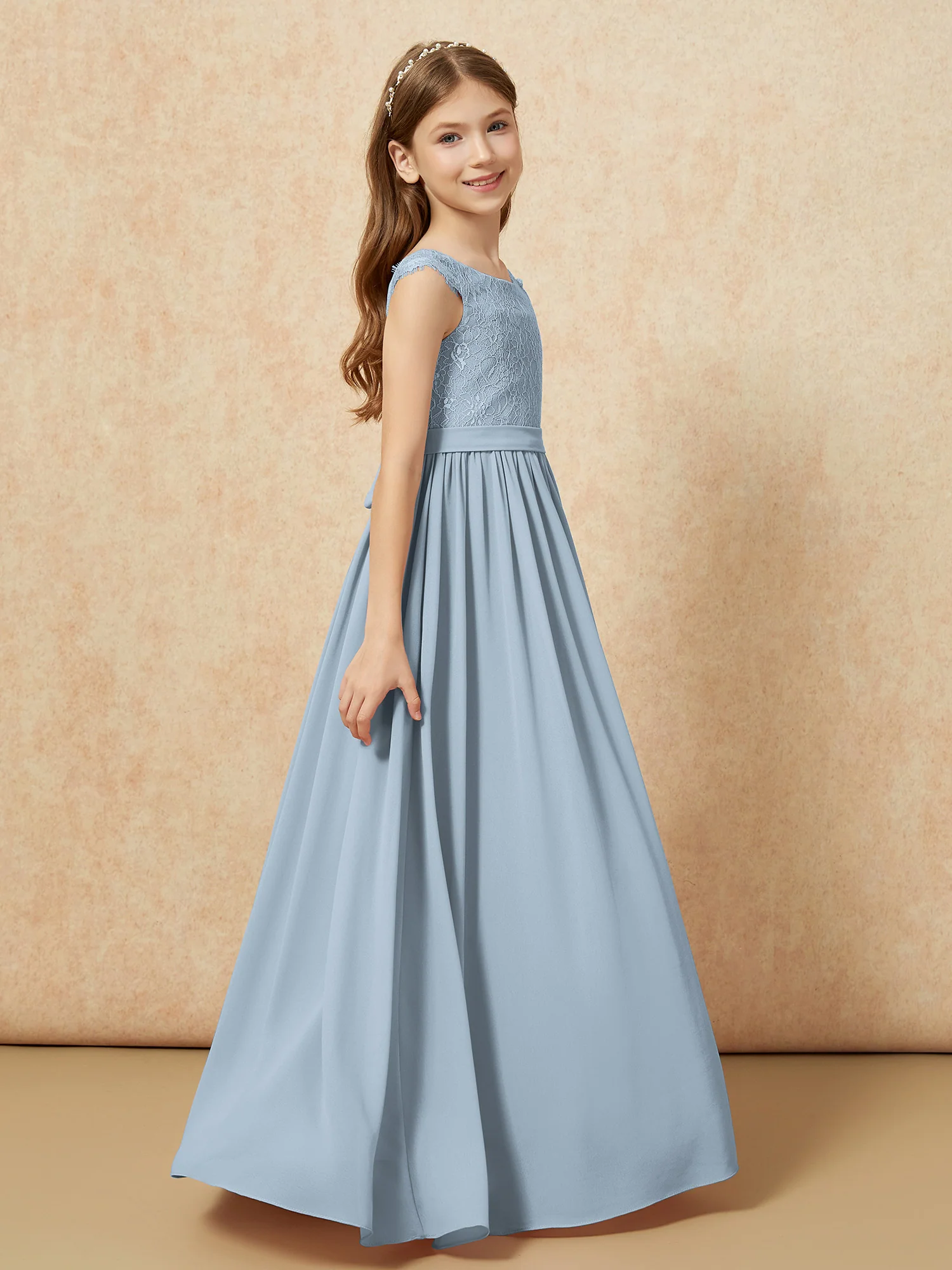 Cap Sleeve Lace Chiffon Junior Bridesmaid Dresses Dusty Blue - Image 3