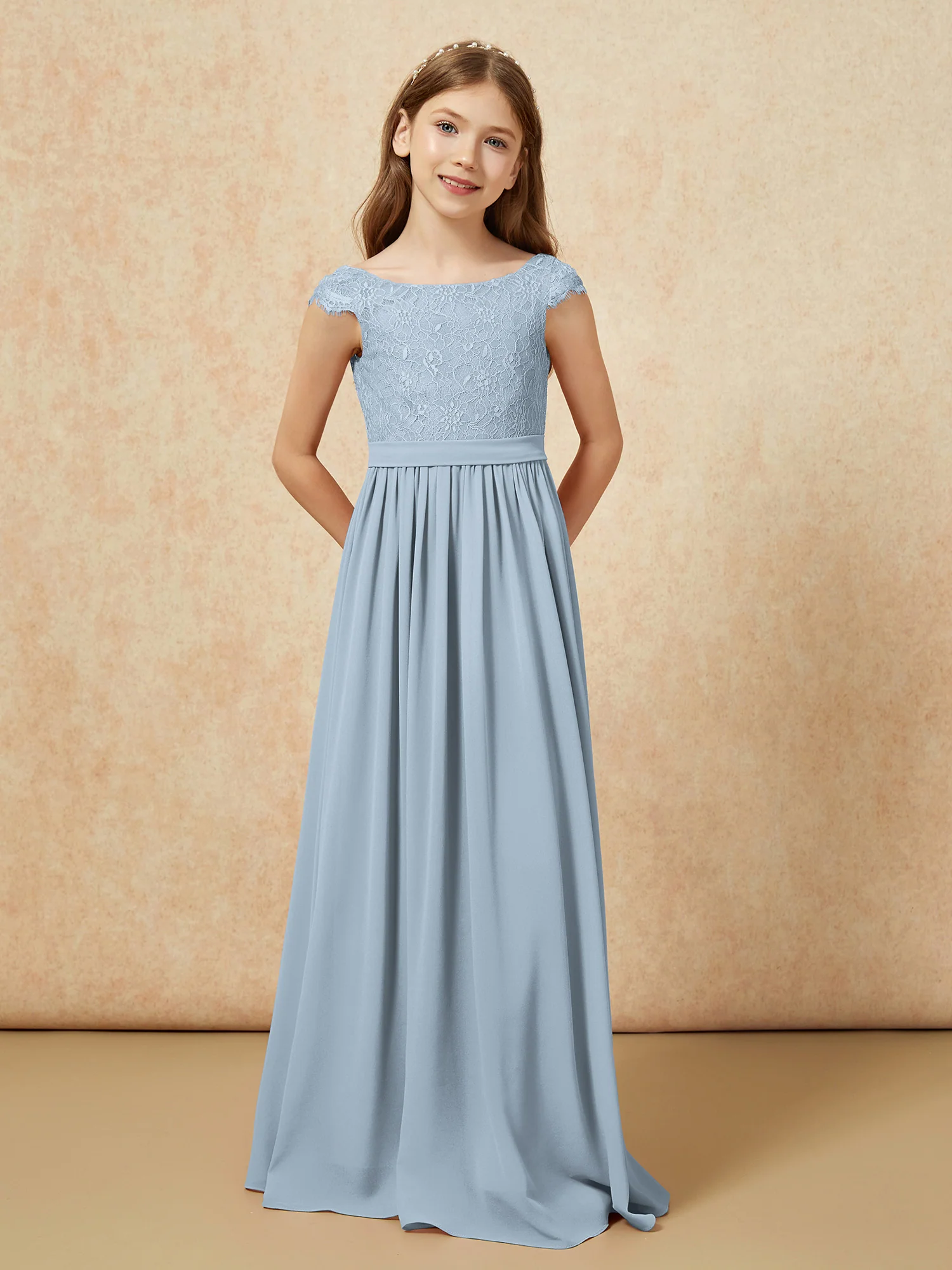 Cap Sleeve Lace Chiffon Junior Bridesmaid Dresses Dusty Blue - Image 4