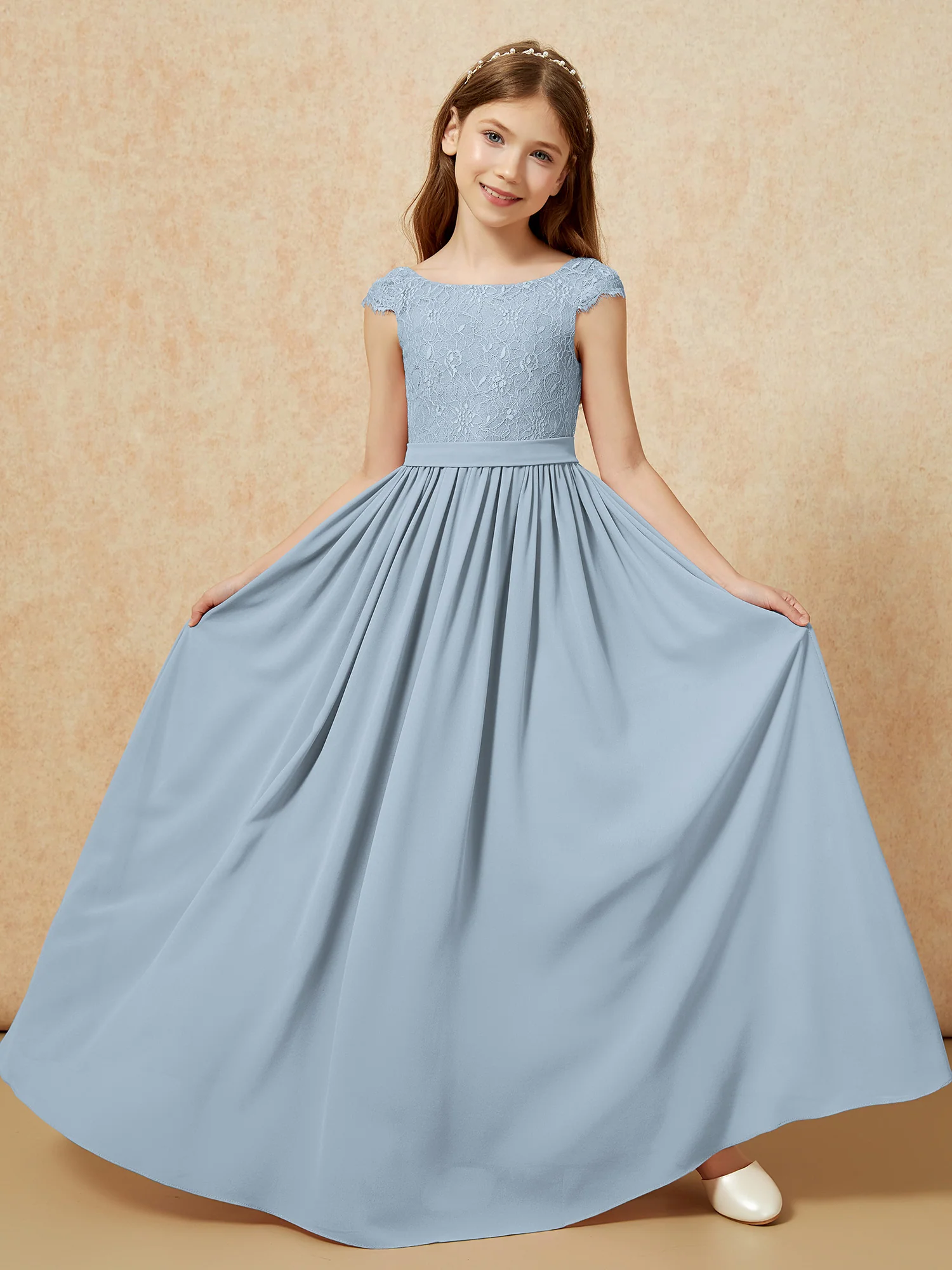 Cap Sleeve Lace Chiffon Junior Bridesmaid Dresses Dusty Blue - Image 5