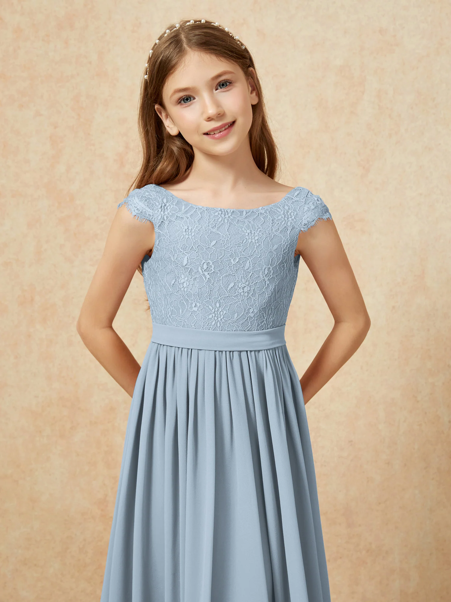 Cap Sleeve Lace Chiffon Junior Bridesmaid Dresses Dusty Blue - Image 6