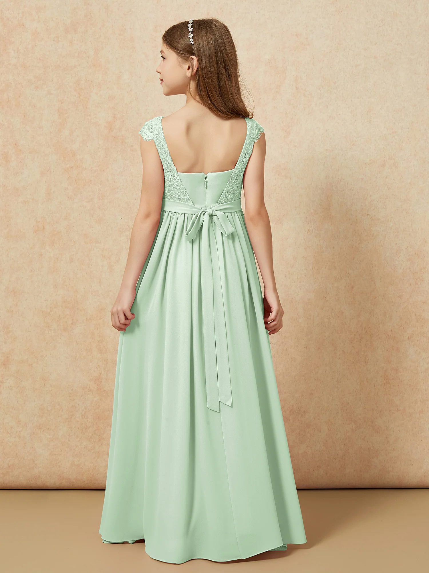 Cap Sleeve Lace Chiffon Junior Bridesmaid Dresses Dusty Sage - Image 2