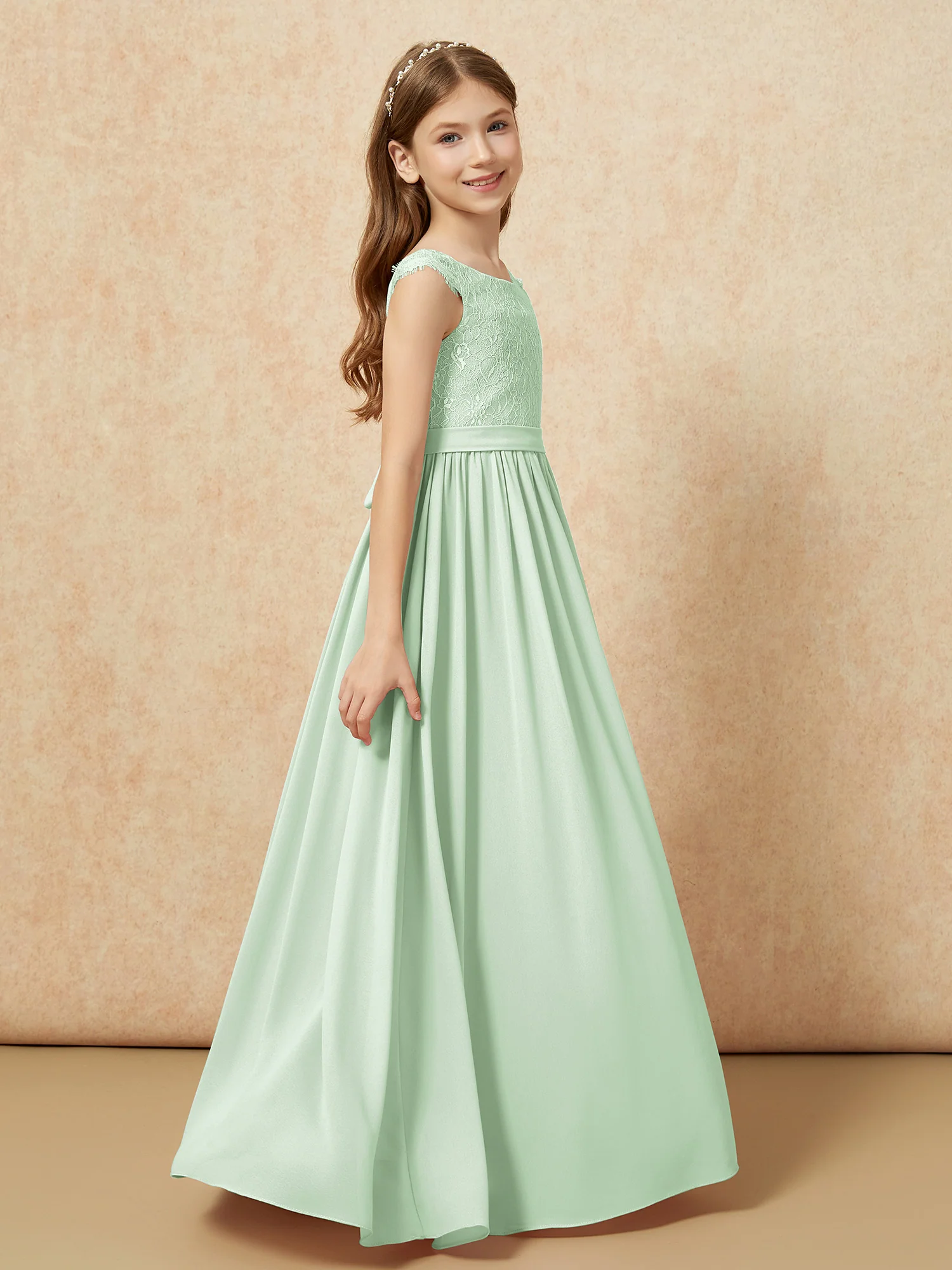 Cap Sleeve Lace Chiffon Junior Bridesmaid Dresses Dusty Sage - Image 3