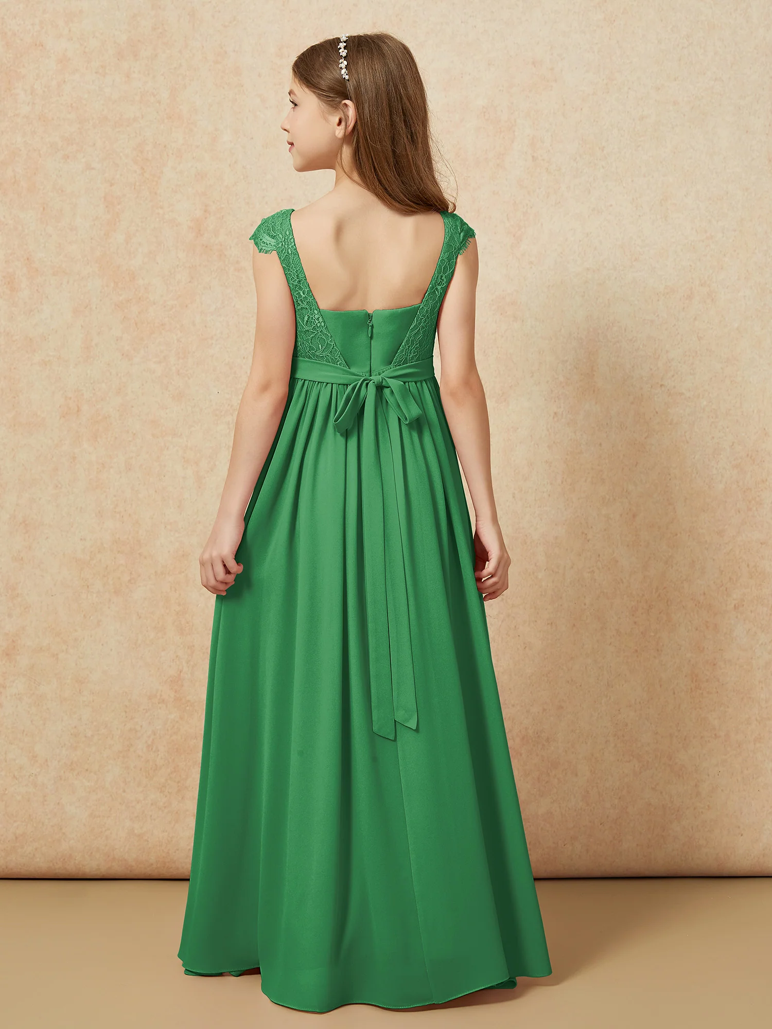 Cap Sleeve Lace Chiffon Junior Bridesmaid Dresses Emerald - Image 2