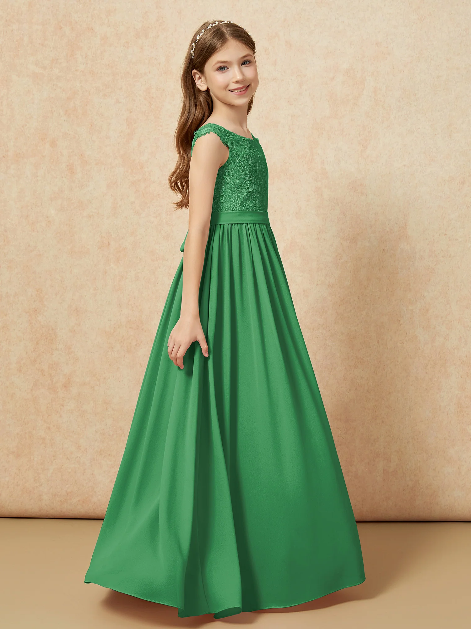 Cap Sleeve Lace Chiffon Junior Bridesmaid Dresses Emerald - Image 3