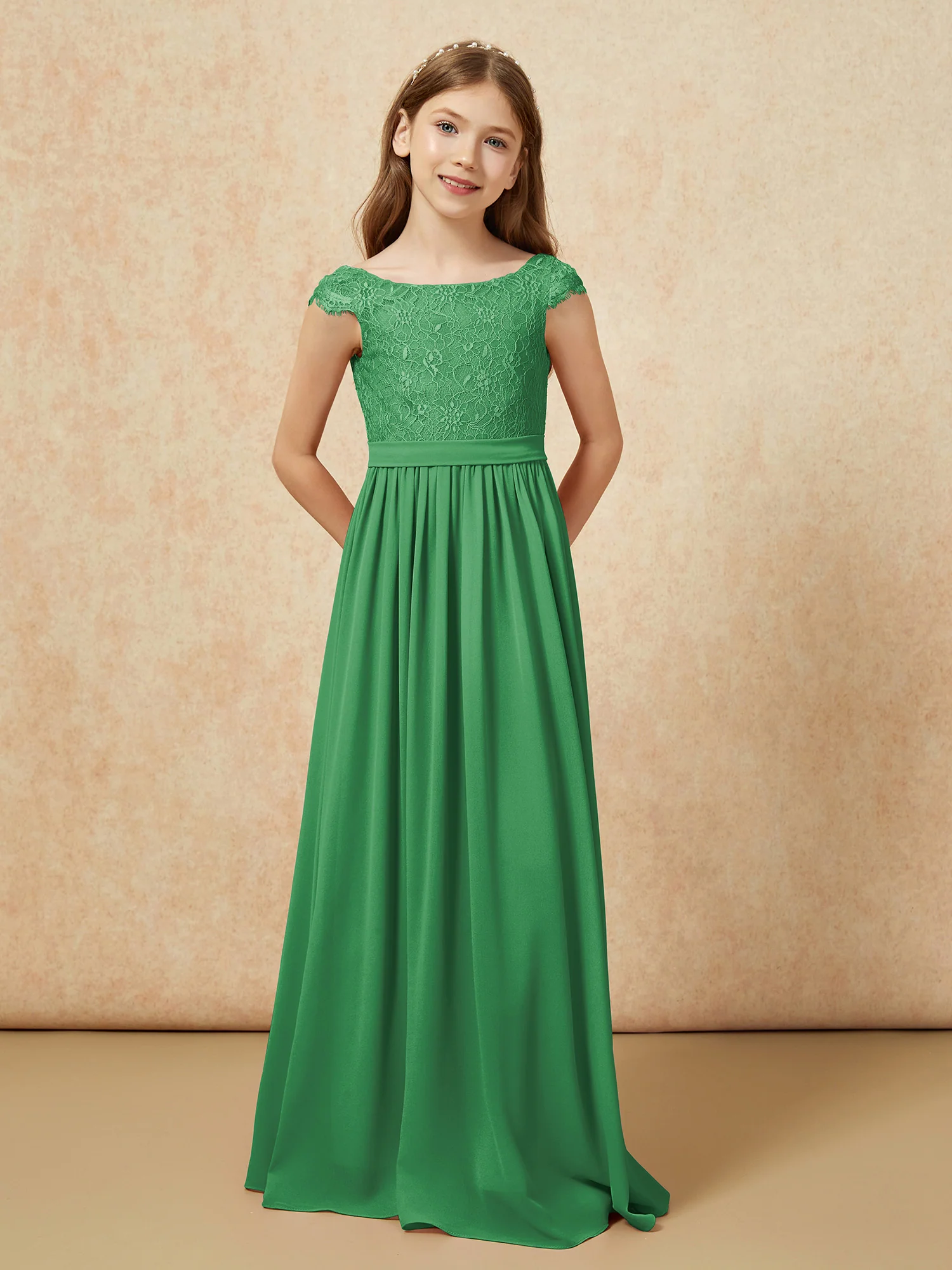 Cap Sleeve Lace Chiffon Junior Bridesmaid Dresses Emerald - Image 4