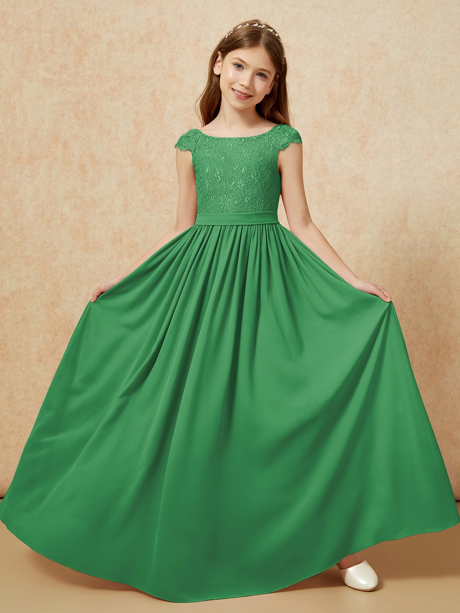 Cap Sleeve Lace Chiffon Junior Bridesmaid Dresses Emerald - Image 5