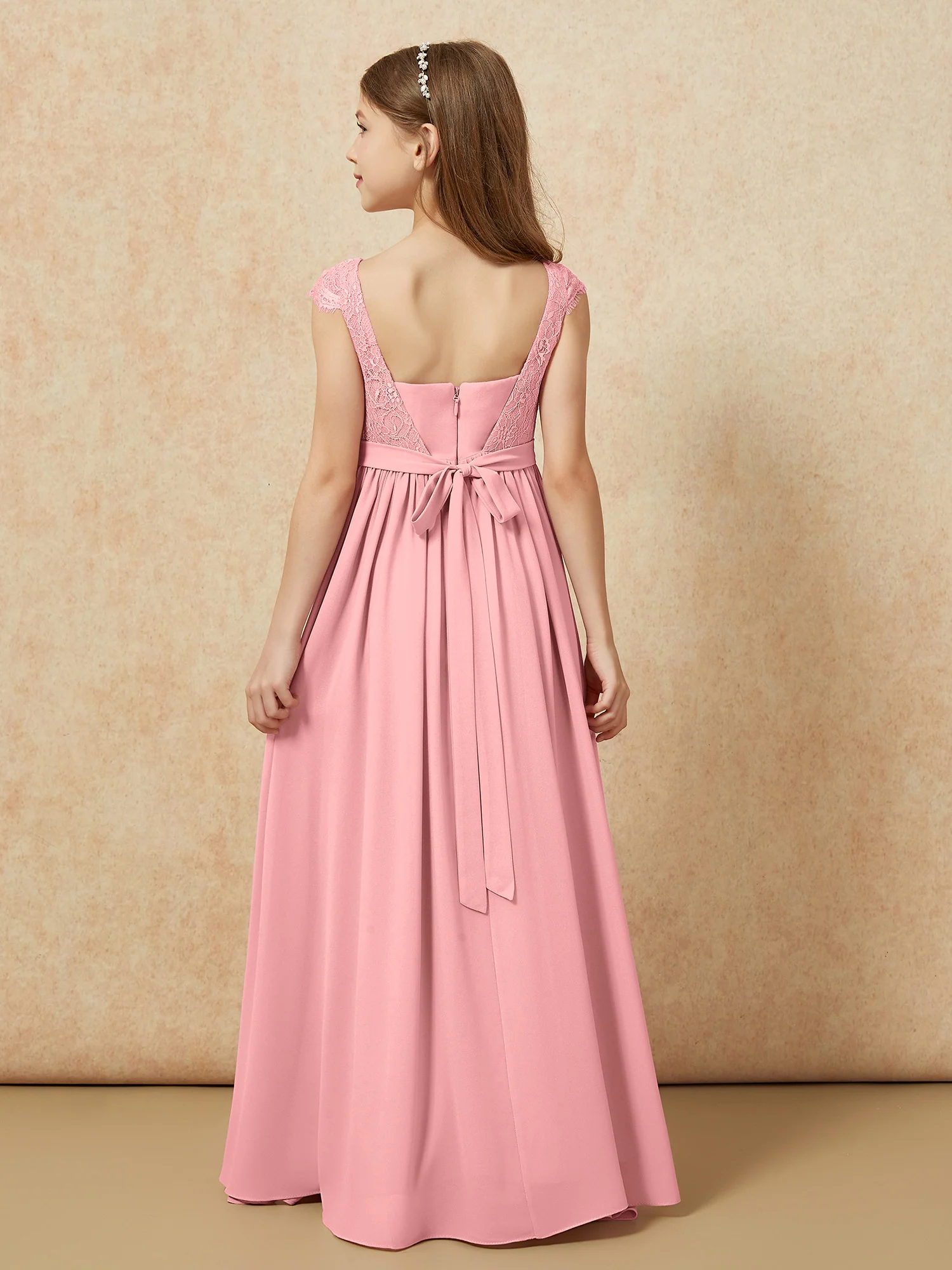 Cap Sleeve Lace Chiffon Junior Bridesmaid Dresses Flamingo - Image 2
