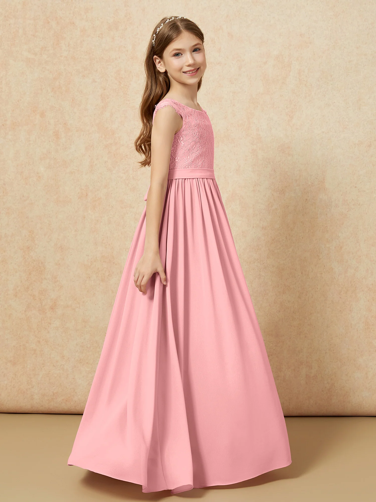 Cap Sleeve Lace Chiffon Junior Bridesmaid Dresses Flamingo - Image 3