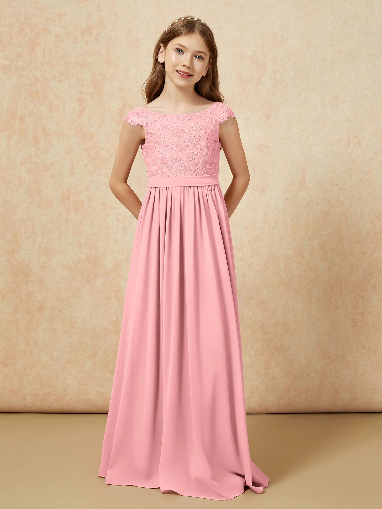 Cap Sleeve Lace Chiffon Junior Bridesmaid Dresses Flamingo - Image 4