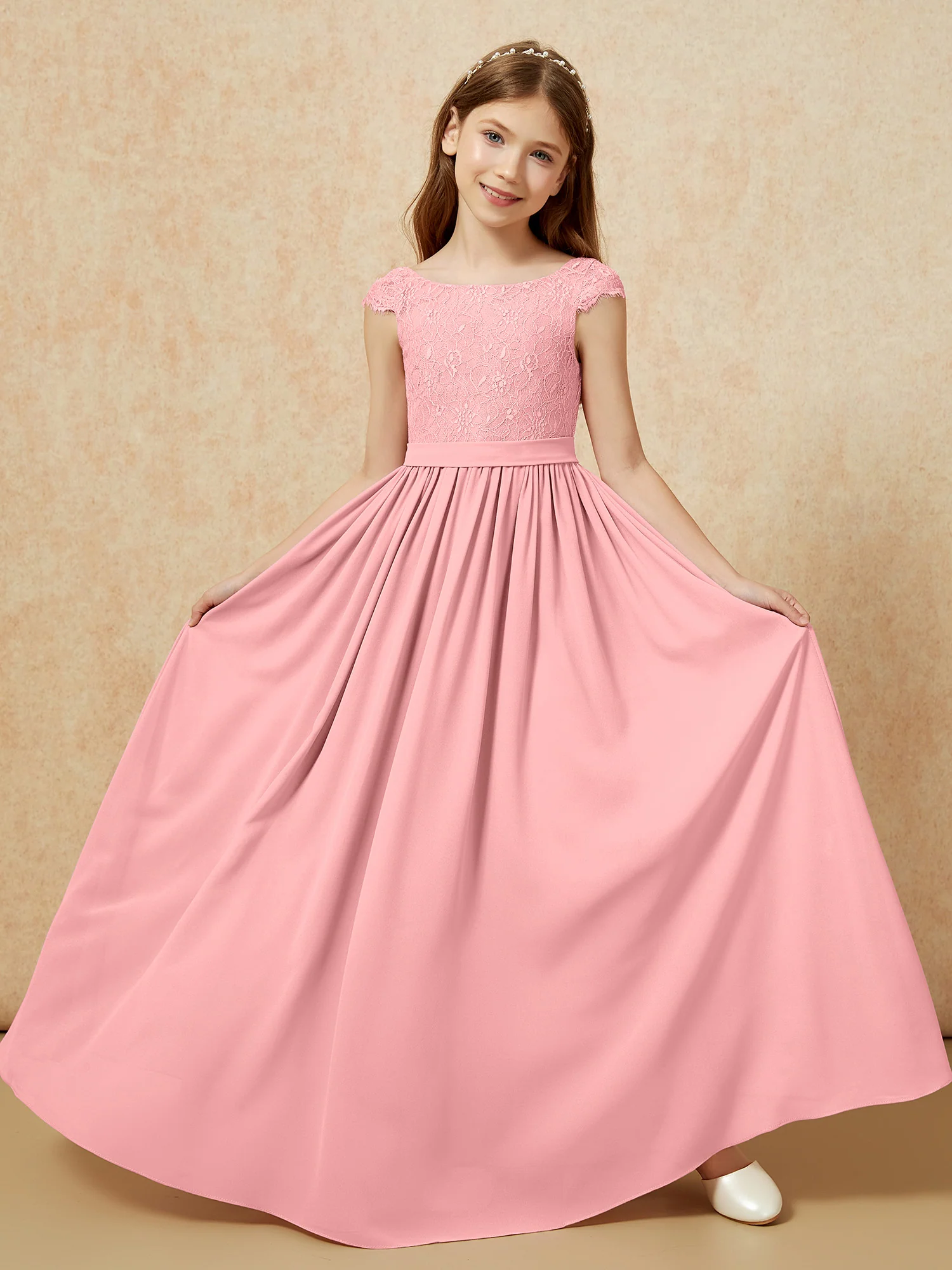 Cap Sleeve Lace Chiffon Junior Bridesmaid Dresses Flamingo - Image 5
