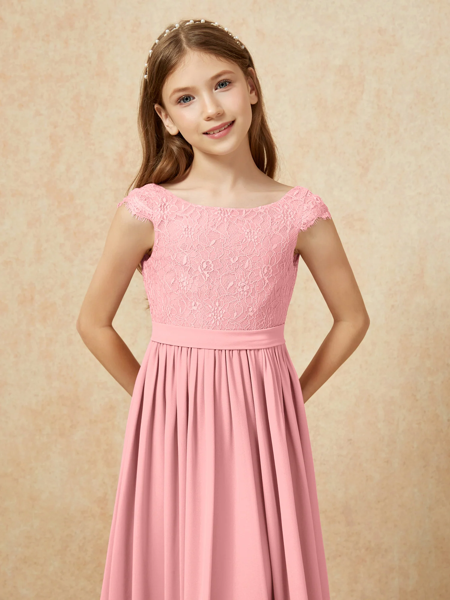 Cap Sleeve Lace Chiffon Junior Bridesmaid Dresses Flamingo - Image 6